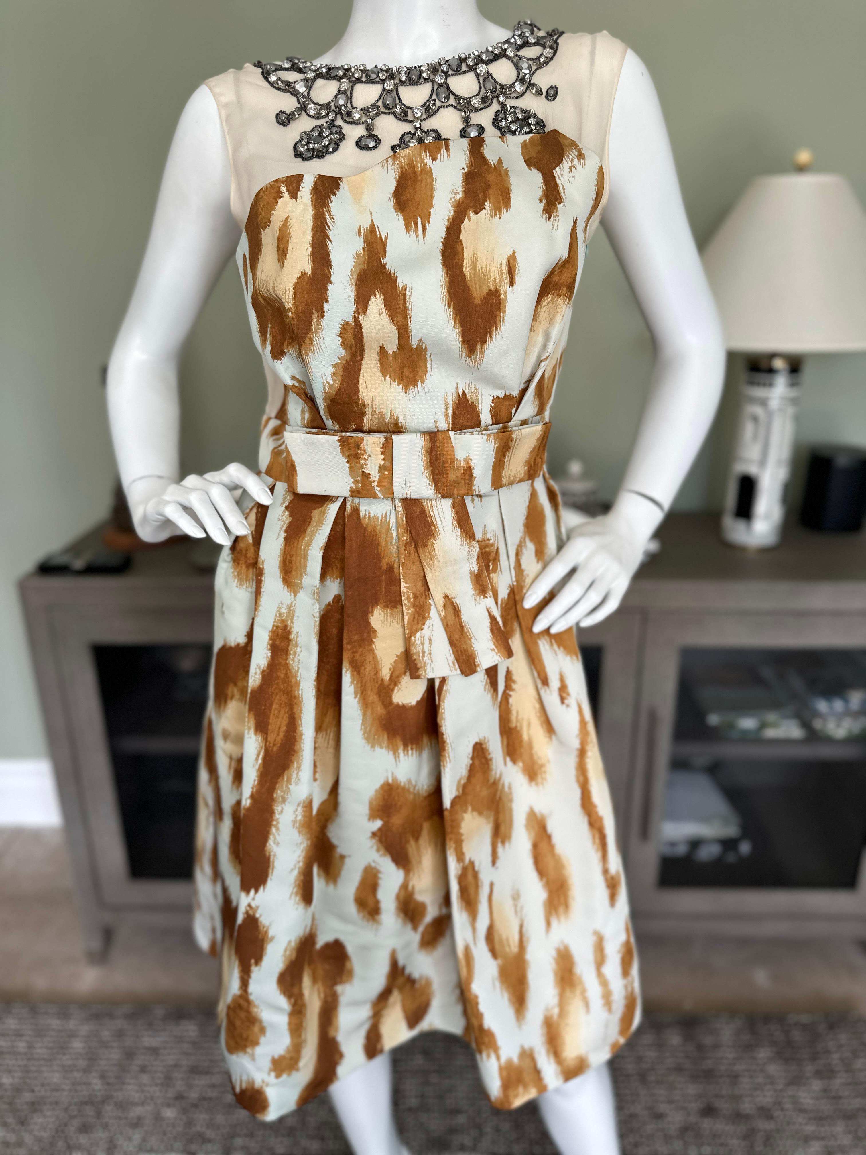 Dior by Galliano Silk Leopard Print Cocktail Dress with Lesage Jeweled Necklace For Sale 3