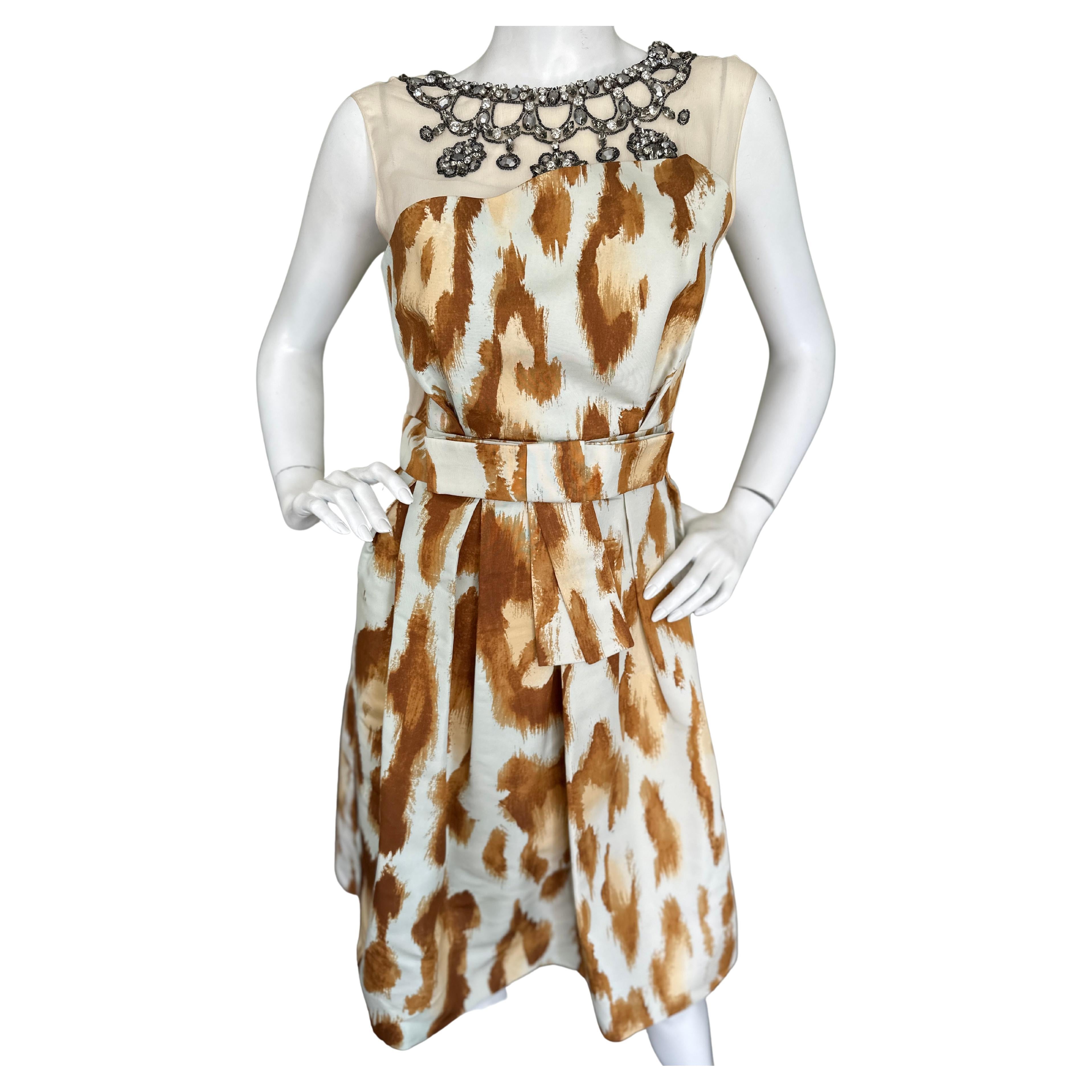 Dior by Galliano Silk Leopard Print Cocktail Dress with Lesage Jeweled Necklace For Sale
