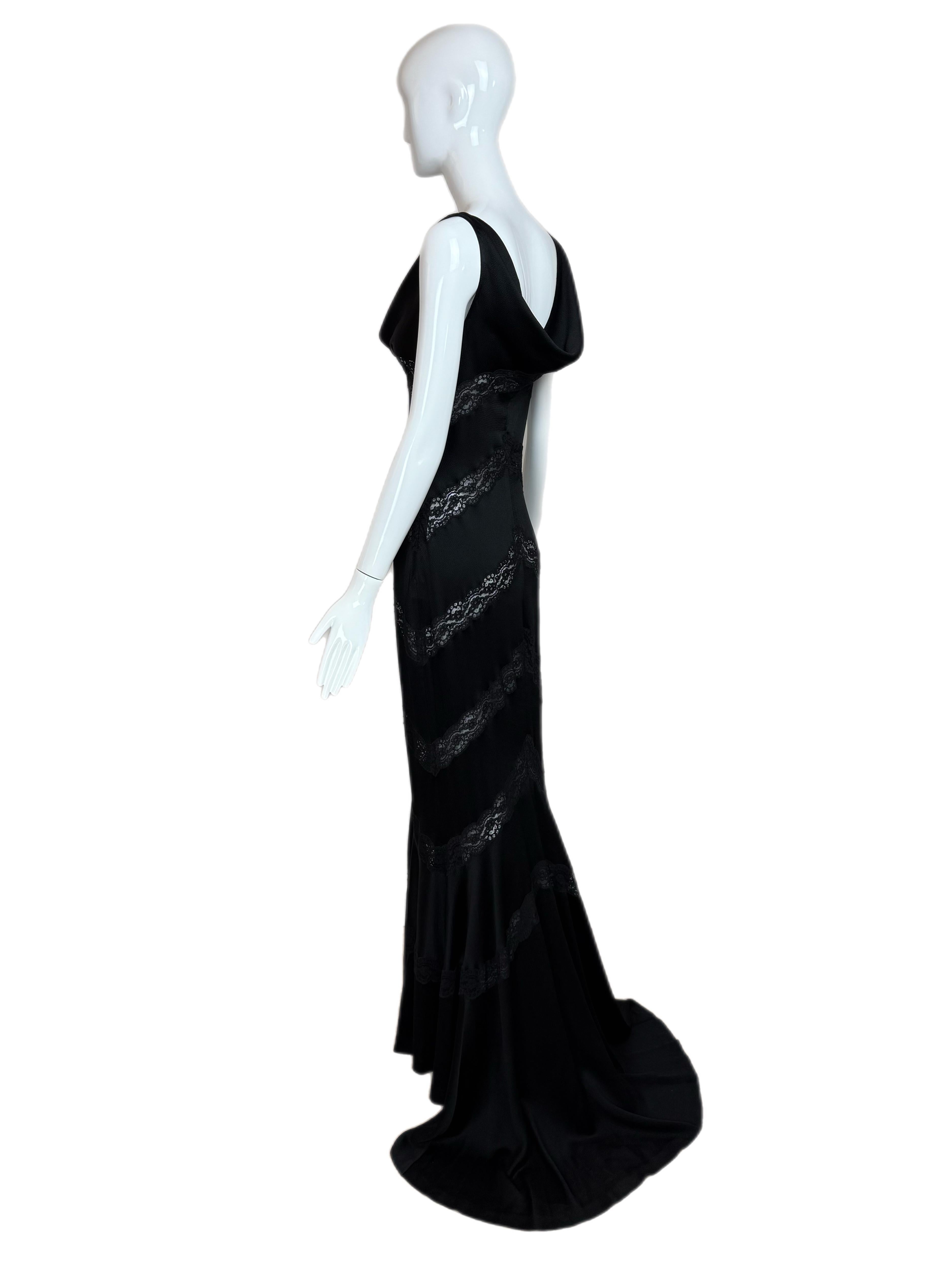 DIOR by JOHN GALLIANO 1999 vintage lace black evening gown maxi dress cowl neck In Good Condition In Leonardo, NJ