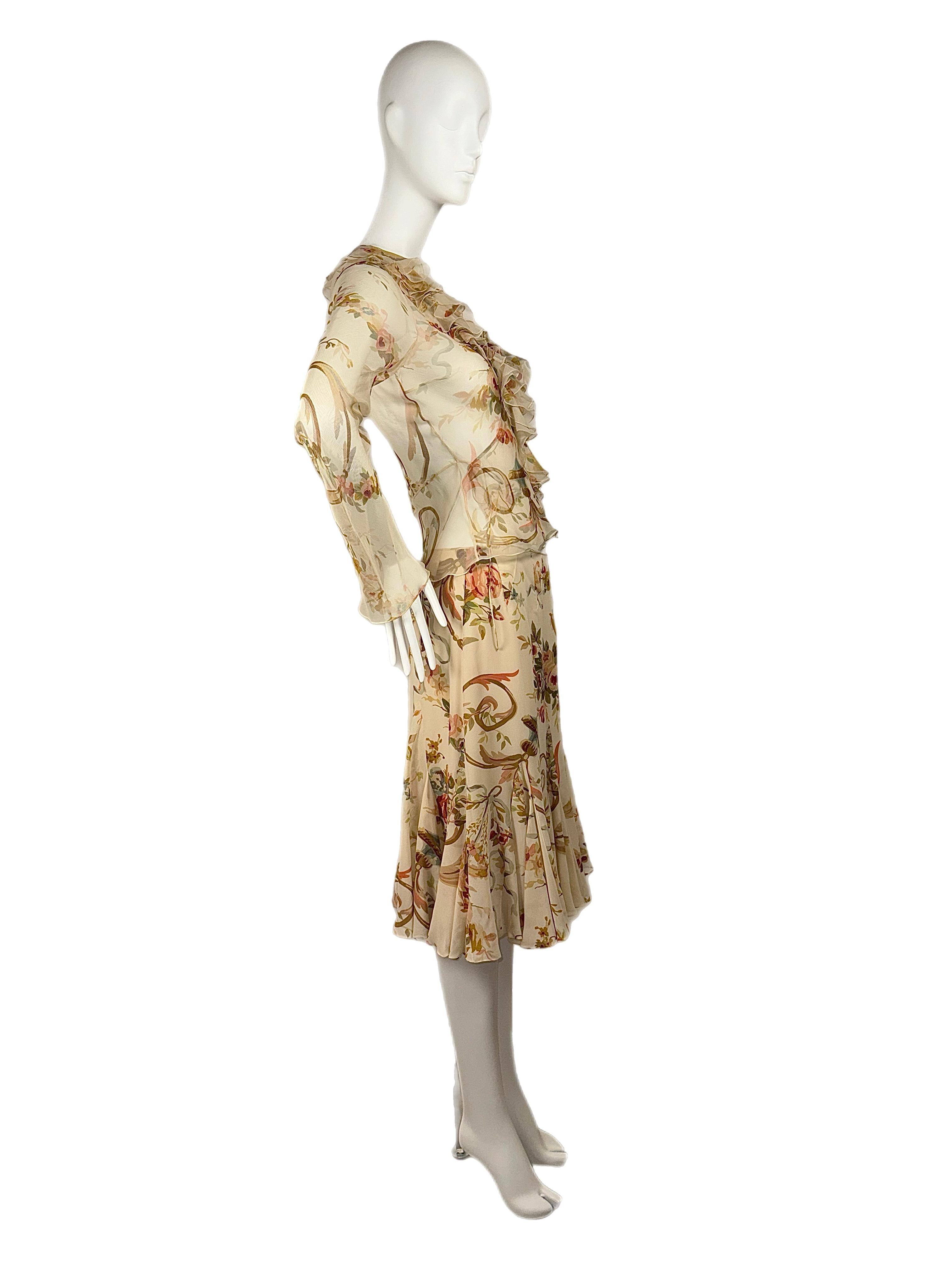 Beige DIOR by JOHN GALLIANO 2002 Vintage Runway Floral Silk Skirt Suit Set