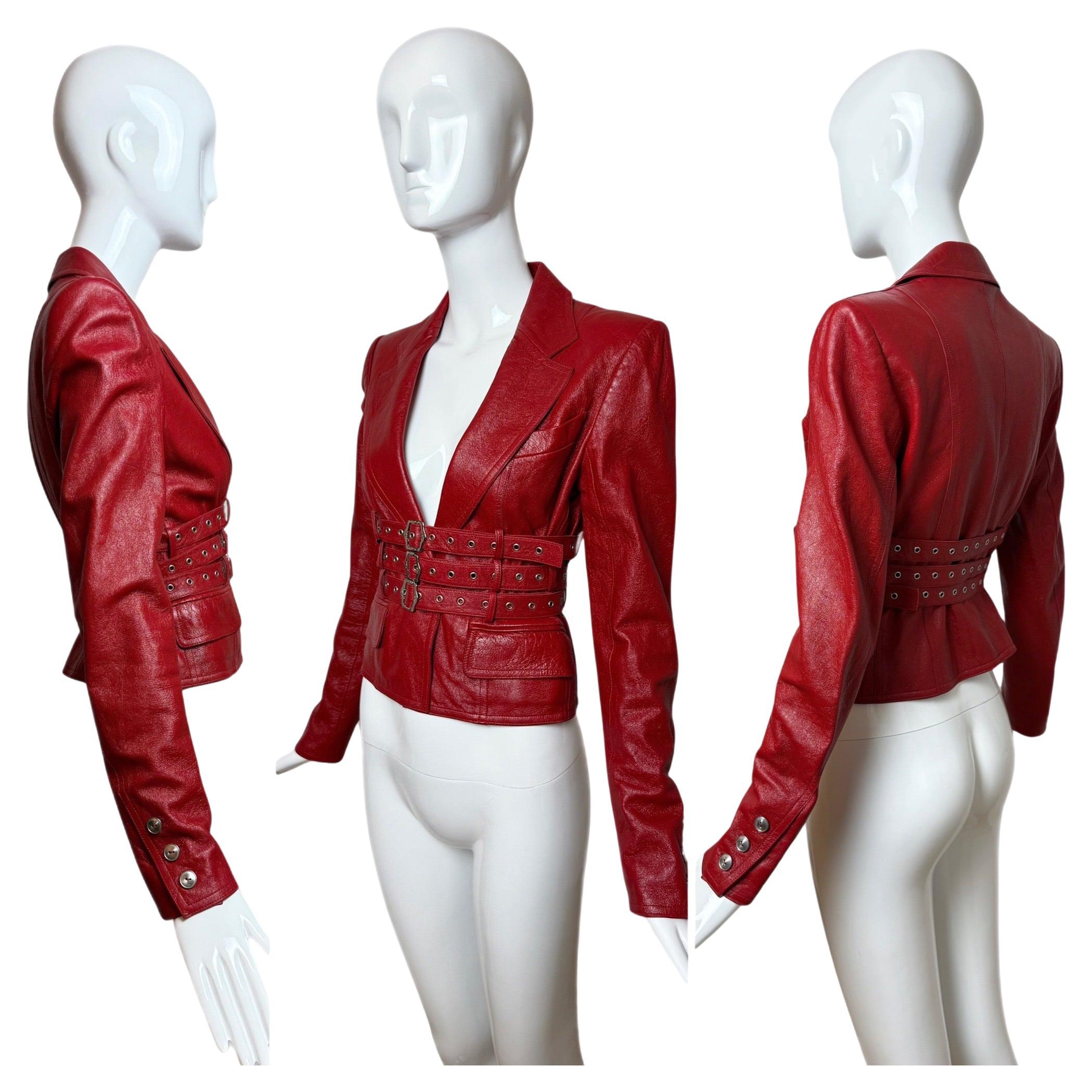 DIOR by JOHN GALLIANO 2003 Vintage Hardcore Red Leather Bondage Blazer Jacket