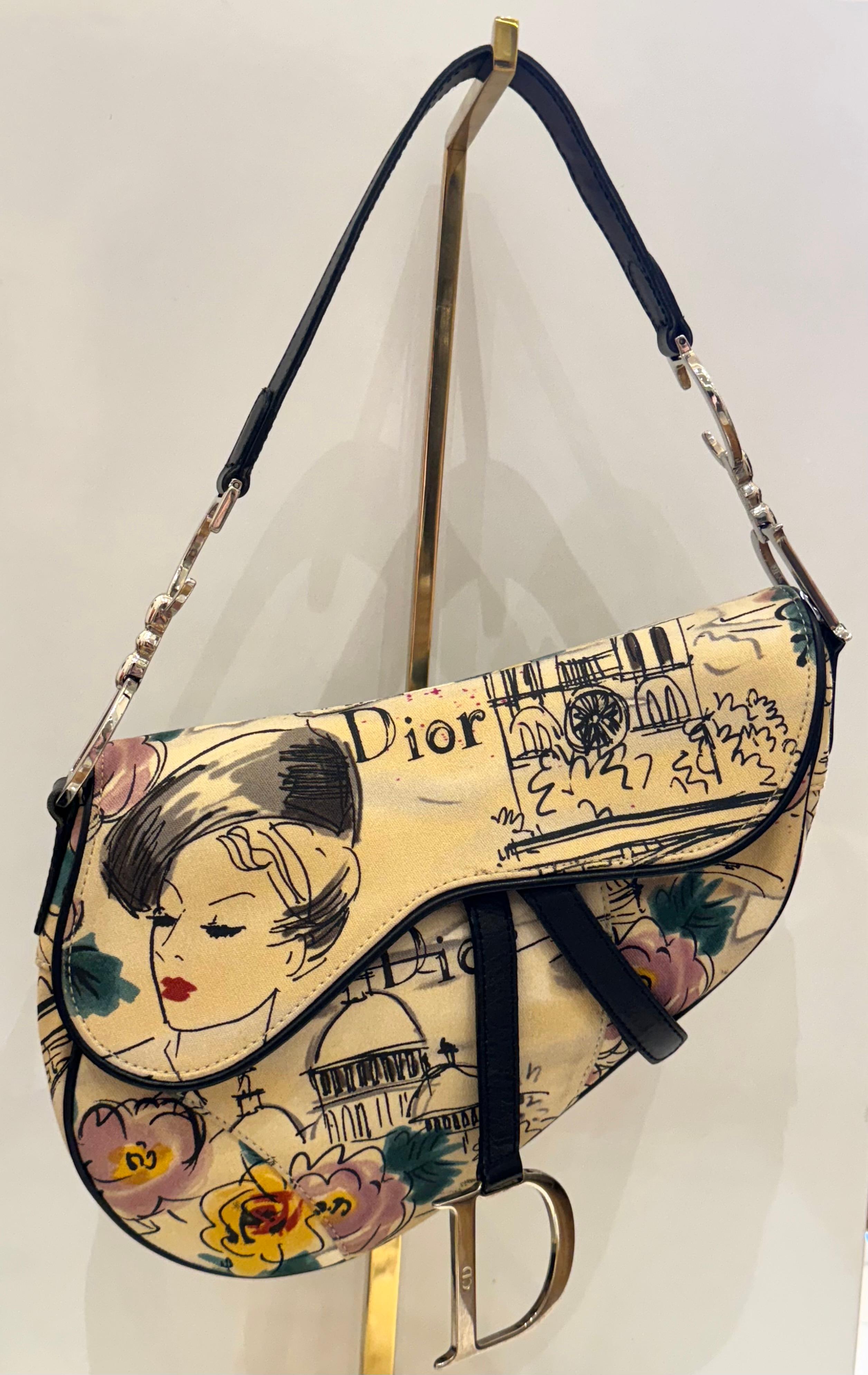 Rare Dior by John Galliano limited edition (0267/1000) 2005 collection Saddle bag, Paris 50’s motif print, canvas and black leather, excellent condition no wear, it comes with the card 