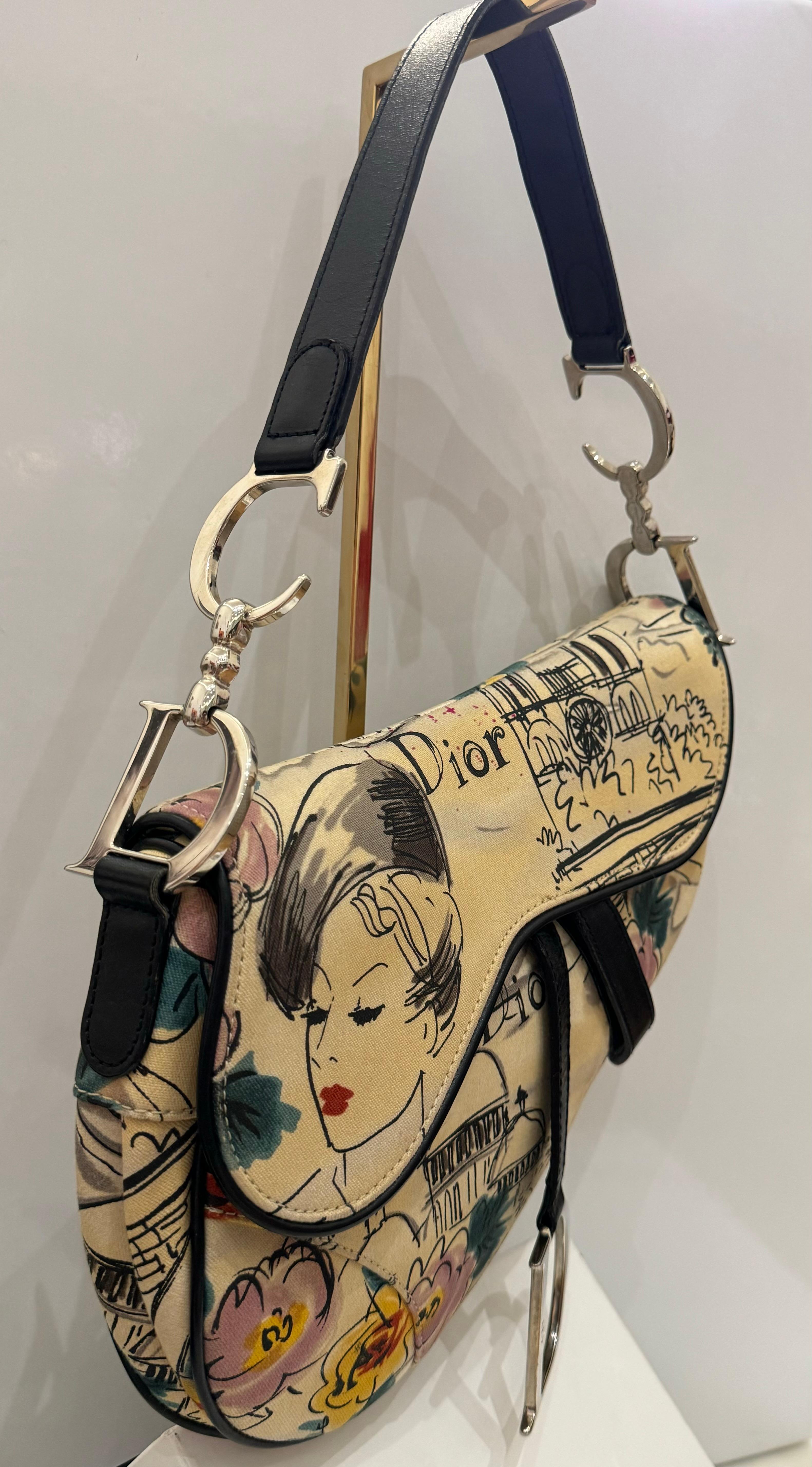 Beige Dior by John Galliano 2005 limited edition Paris 50’s motif print Saddle bag