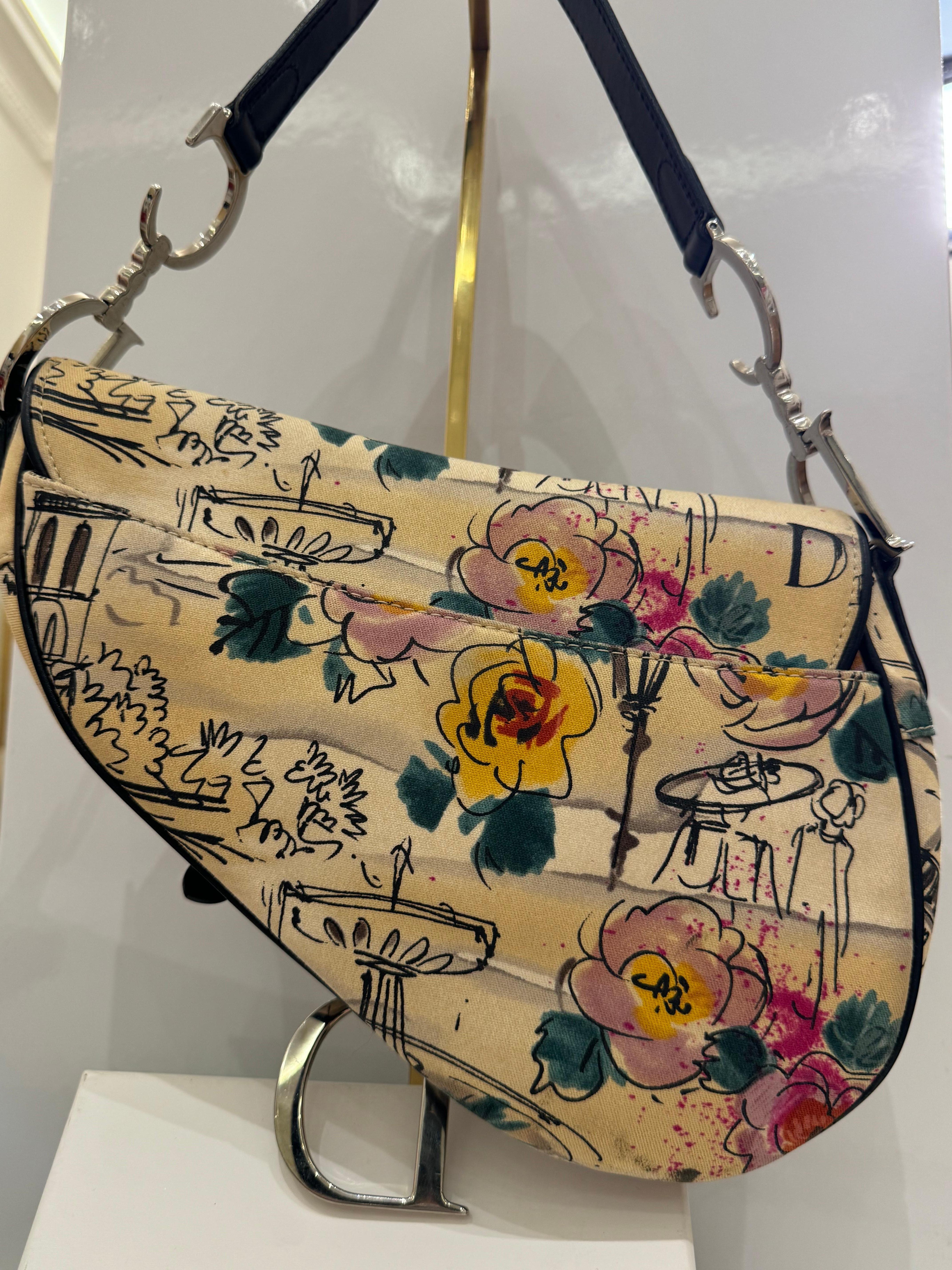 Dior by John Galliano 2005 limited edition Paris 50’s motif print Saddle bag In Excellent Condition In PARIS, FR