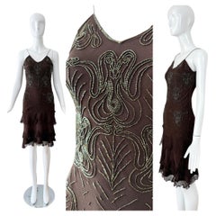DIOR by JOHN GALLIANO 2005 Vintage Brown Silk Iridescent Beaded Ruffle Dress