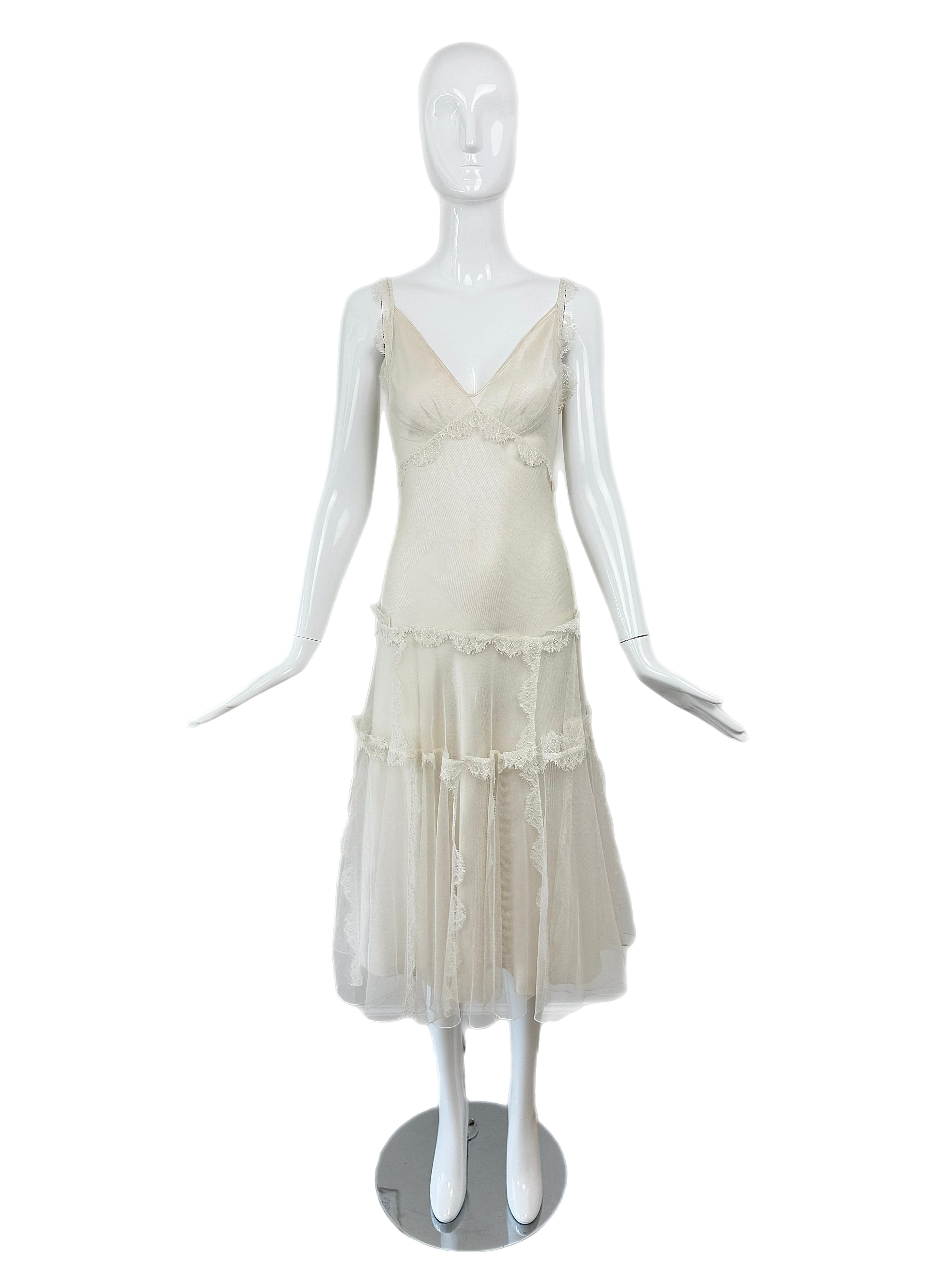 DIOR by JOHN GALLIANO 2005 Vestido de seda marfil vintage con. Superposición de tul de encaje en venta 7
