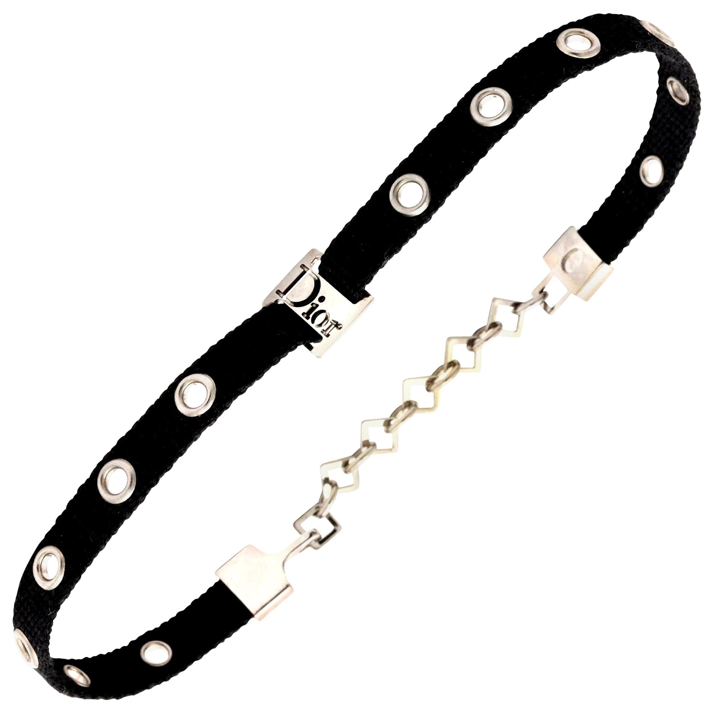 Dior by John Galliano Black Choker with Silver Hardware For Sale