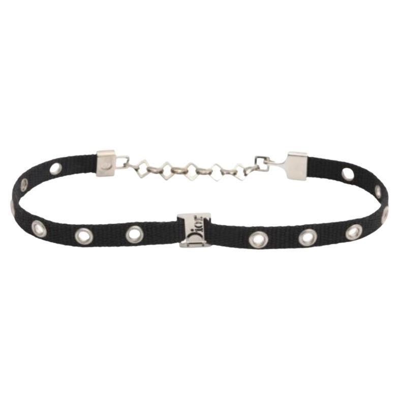 Christian Dior by John Galliano Black and Silver Choker Necklace with Logo For Sale