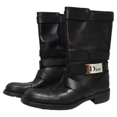 Dior by John Galliano Black Leather Silver Tone Logo Boots