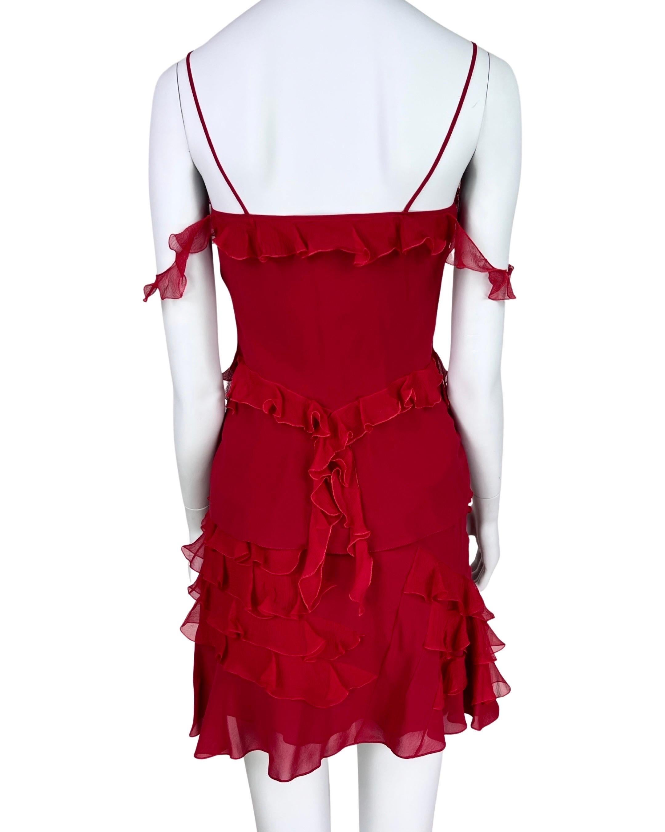 Dior by John Galliano Fall 2004 Red Ruffled Silk Set In Excellent Condition In Prague, CZ