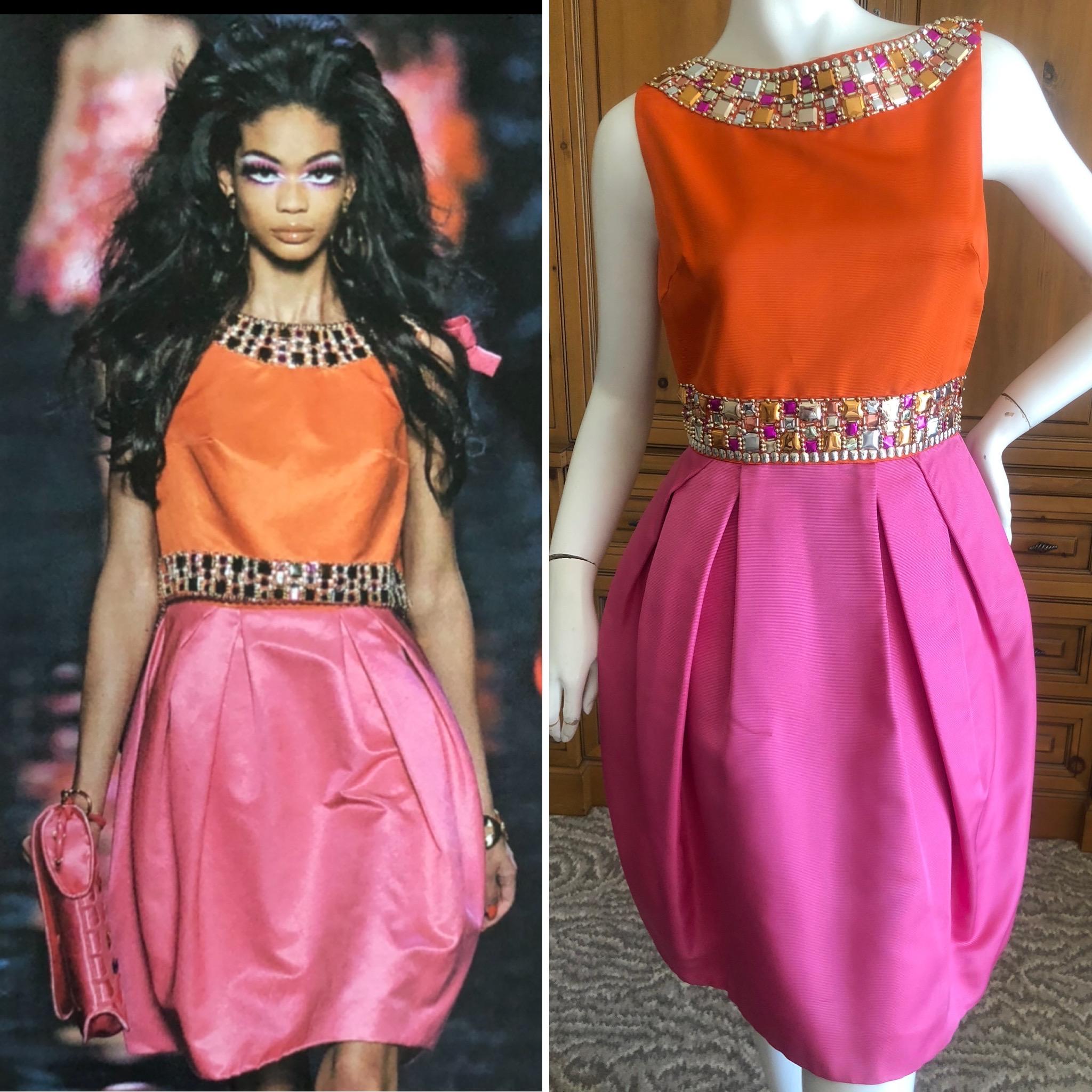 Christian Dior by John Galliano Orange and Pink Silk Sixties Style Embellished Slip Dress
  This is so pretty, please use the zoom to see the details.
Galliano's homage to the 1960's
 The ornamentation is amazing, so glam! 
Apx Size 36-38
Bust