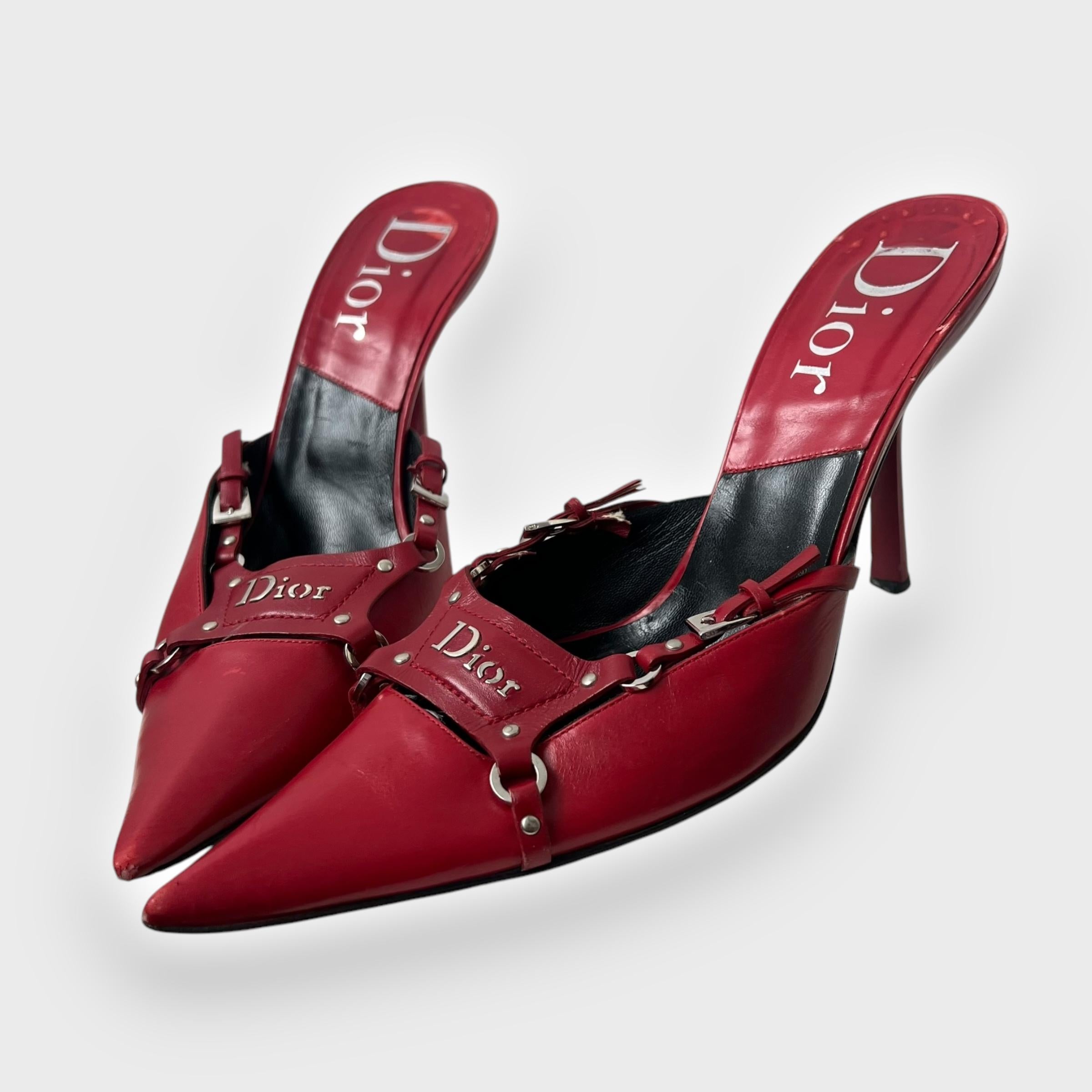 Auffällige und sammelwürdige rote Fesselabsätze aus Leder aus der Herbst/Winter 2003 Kollektion von Dior, die unter der provokativen Leitung von John Galliano entworfen wurden. Diese spitzen Stilettos sind mit dem charakteristischen Dior-Logo,