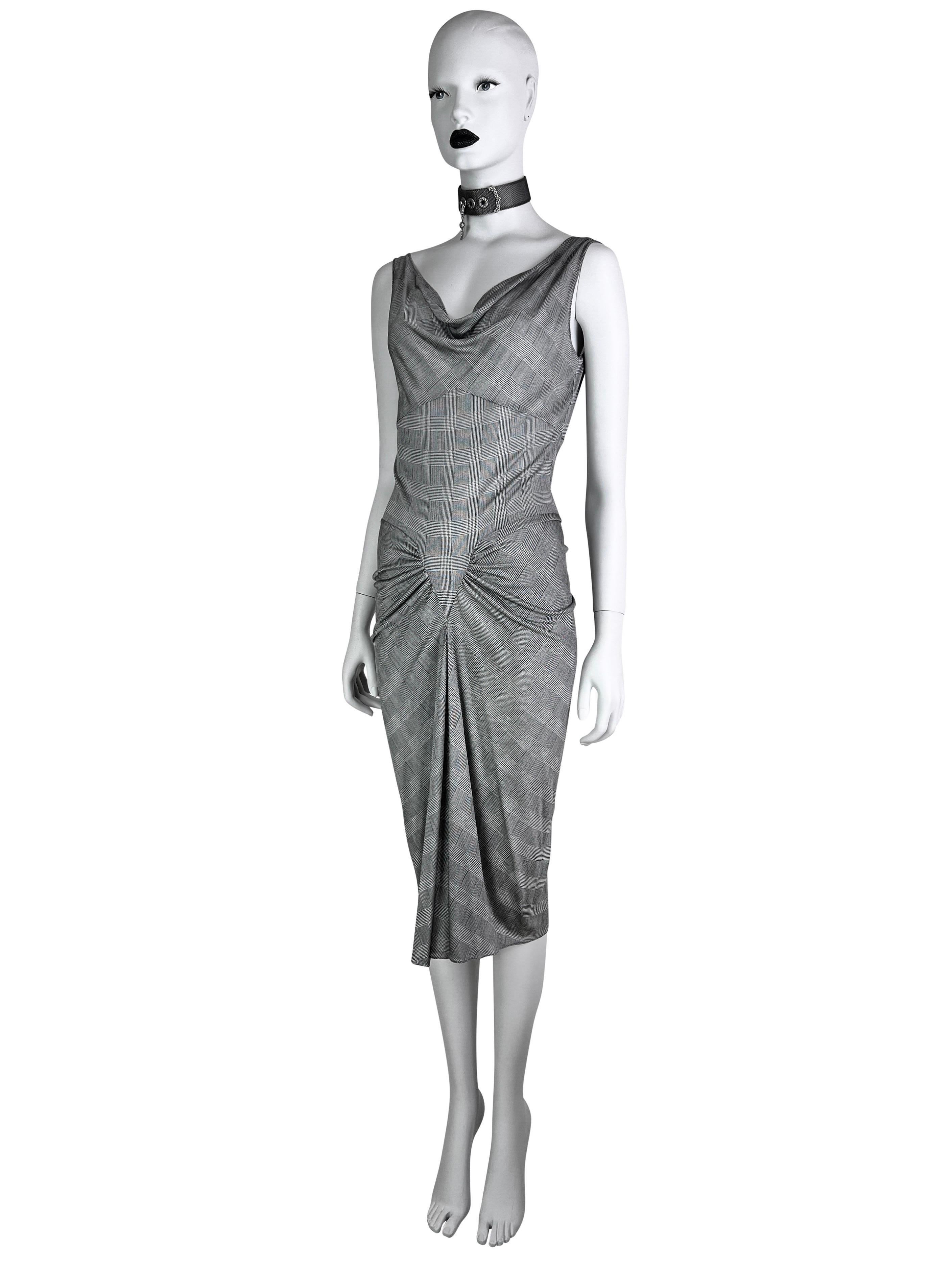 Dior by John Galliano Spring 2000 Plaid Print Silk Draped Grey Jersey Dress For Sale 6