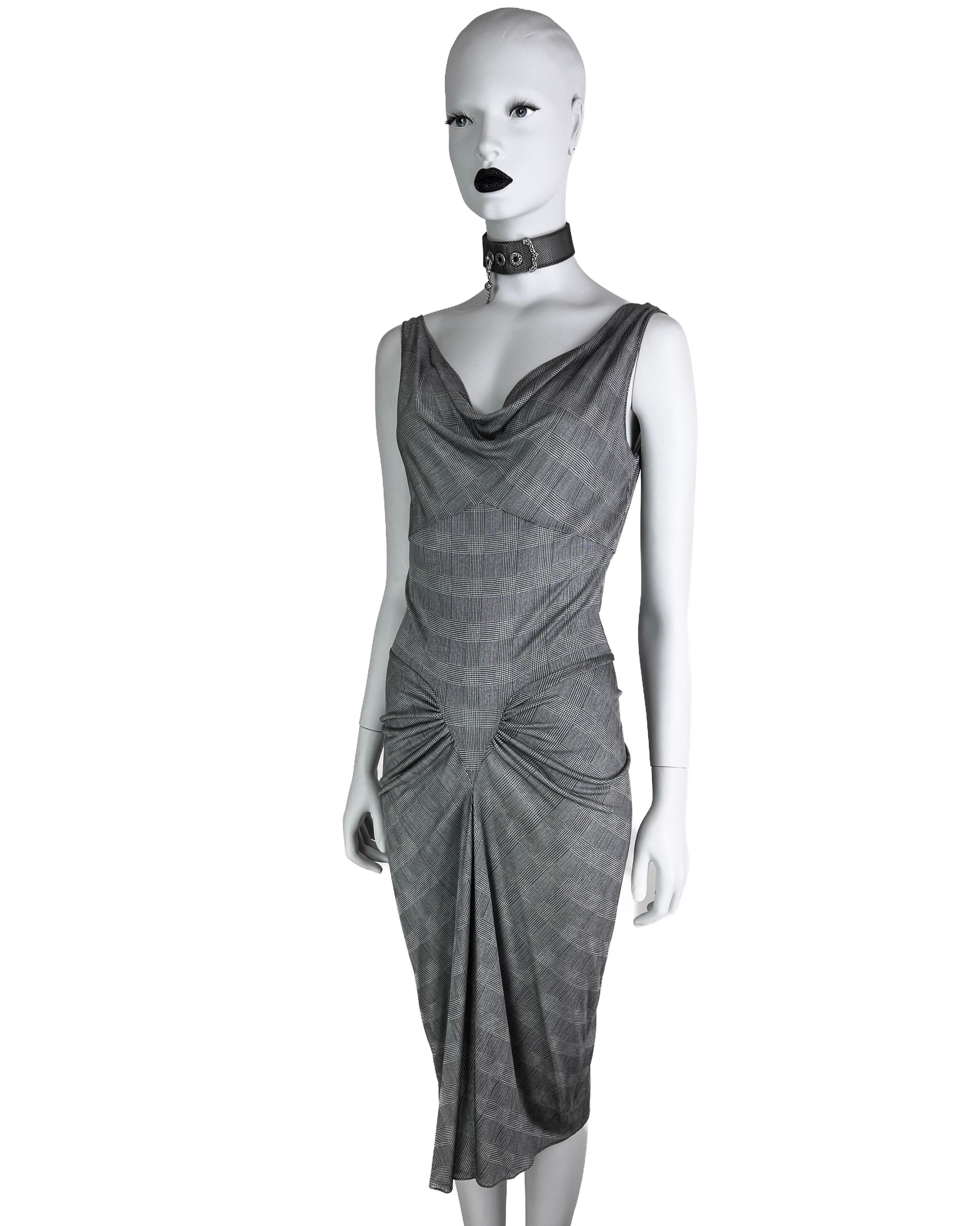 Dior by John Galliano Spring 2000 Plaid Print Silk Draped Grey Jersey Dress In Excellent Condition For Sale In Prague, CZ