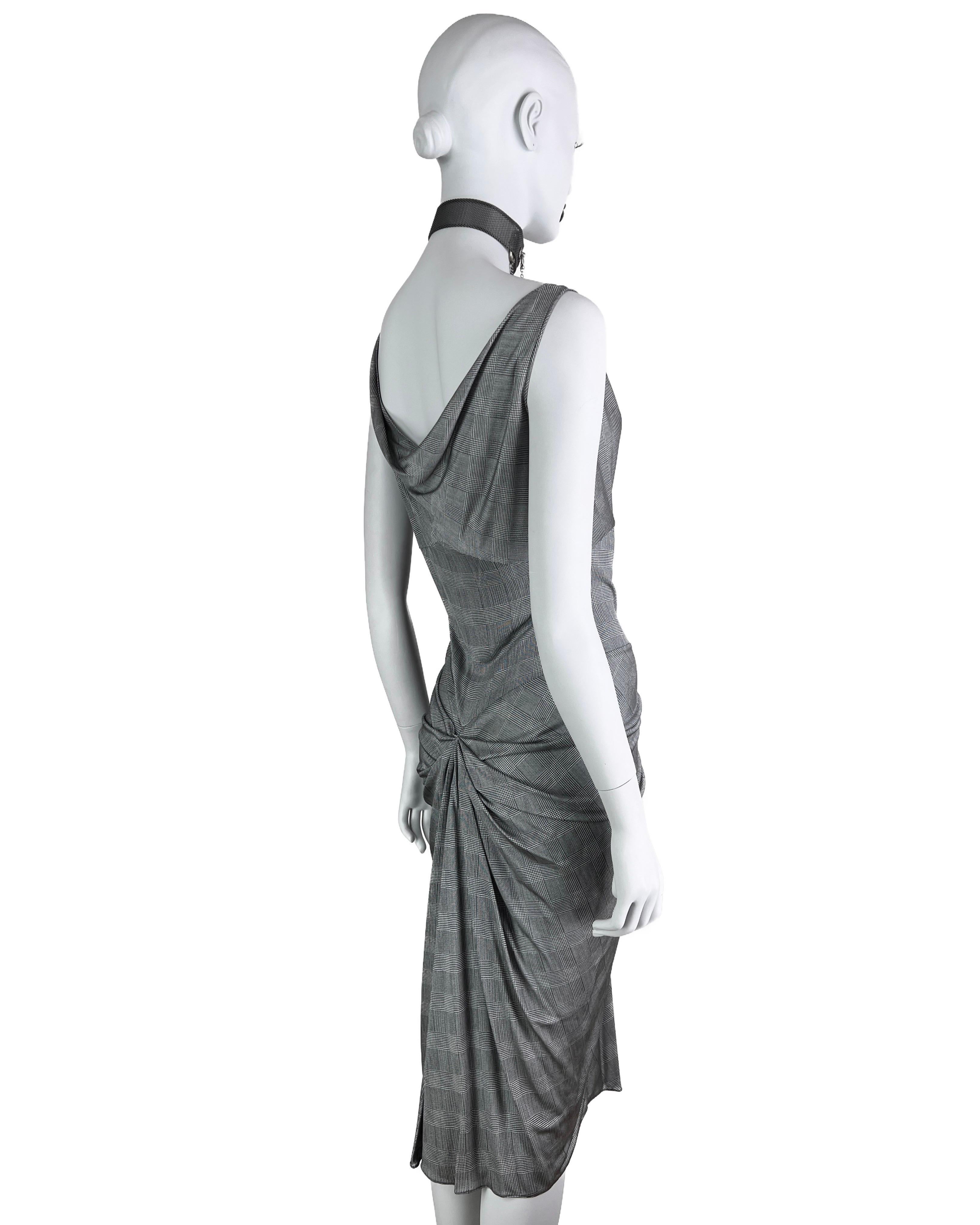 Women's Dior by John Galliano Spring 2000 Plaid Print Silk Draped Grey Jersey Dress For Sale