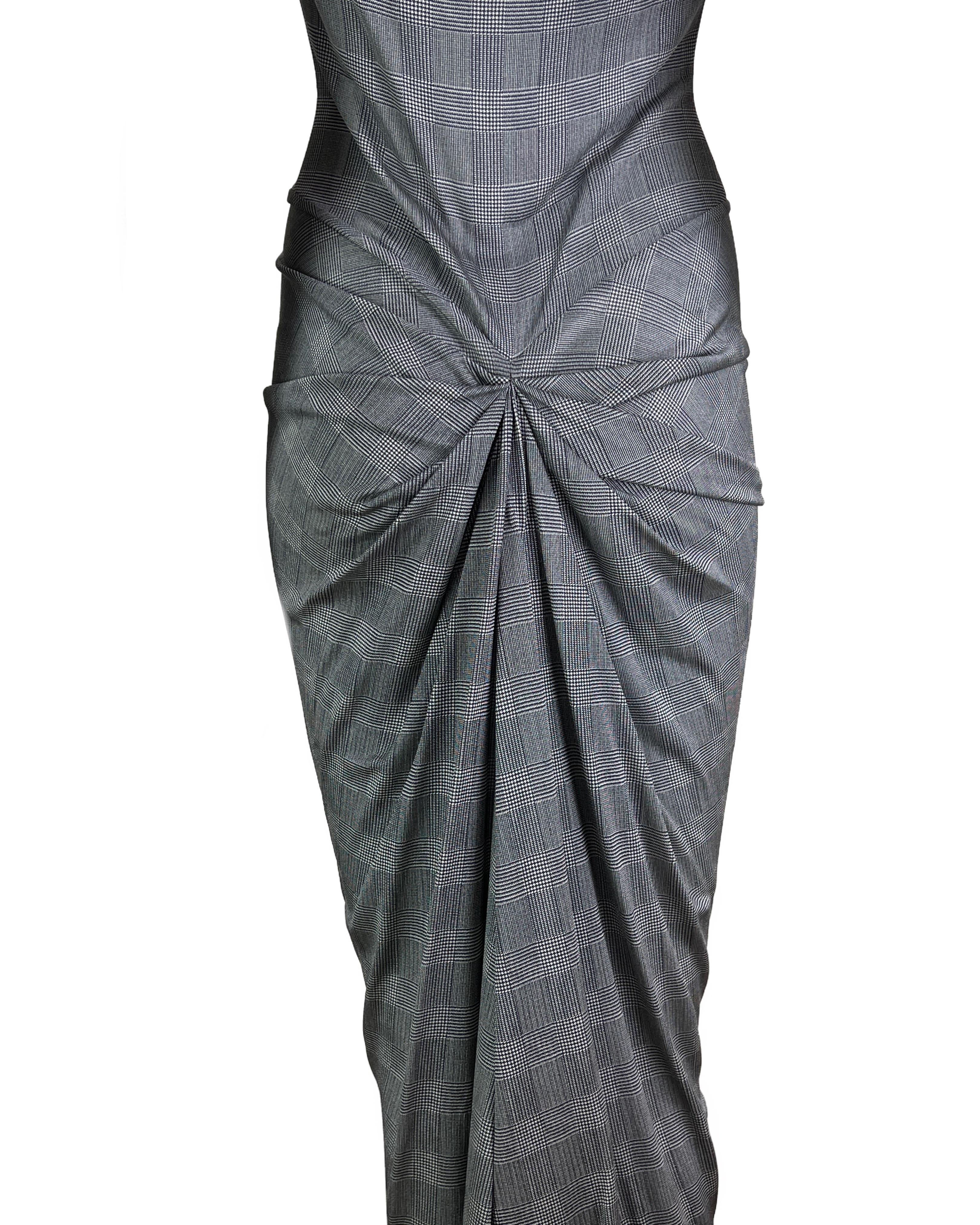 Dior by John Galliano Spring 2000 Plaid Print Silk Draped Grey Jersey Dress For Sale 1