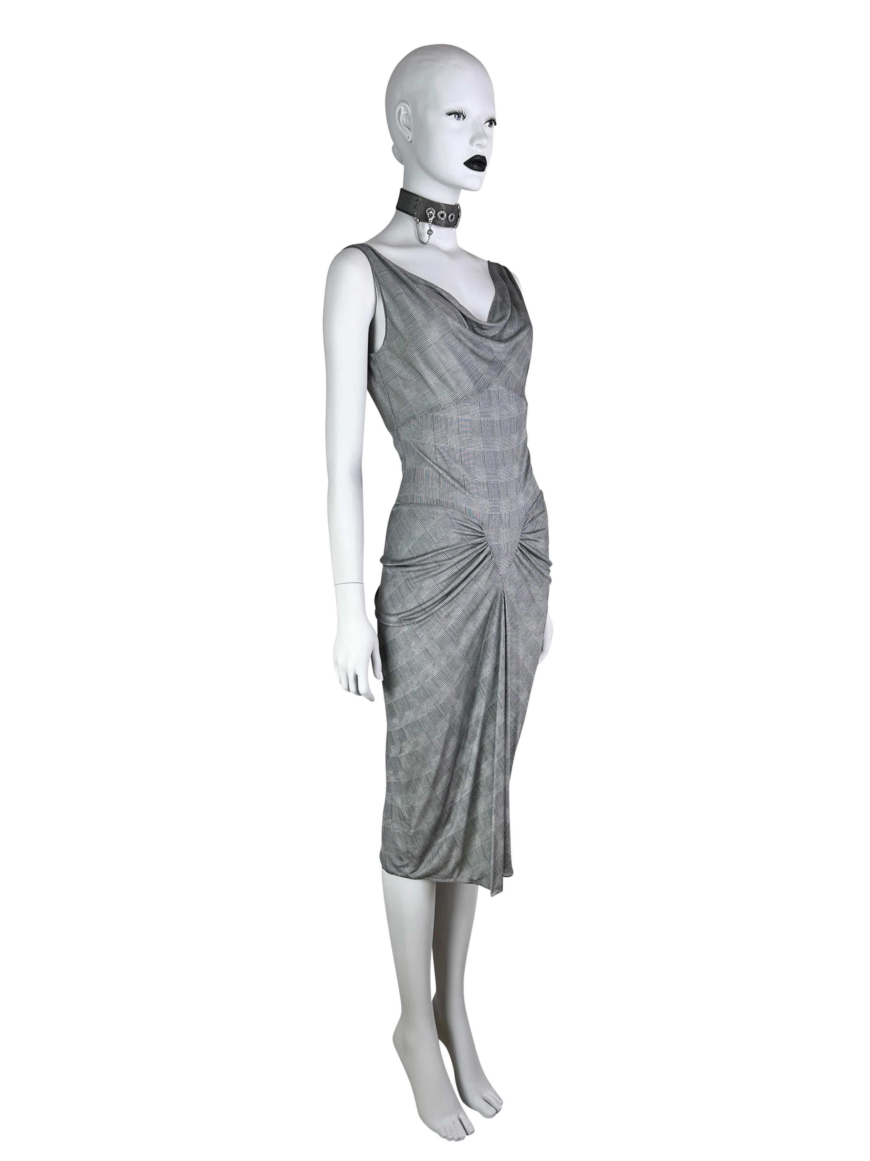 Dior by John Galliano Spring 2000 Plaid Print Silk Draped Grey Jersey Dress For Sale 4