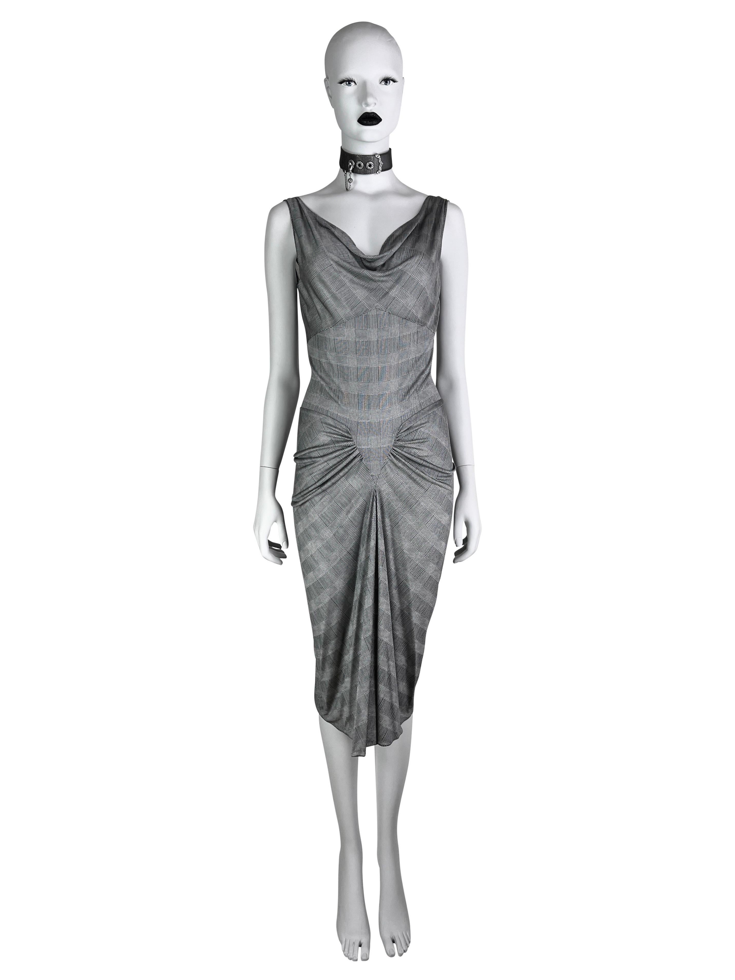 Dior by John Galliano Spring 2000 Plaid Print Silk Draped Grey Jersey Dress For Sale 5