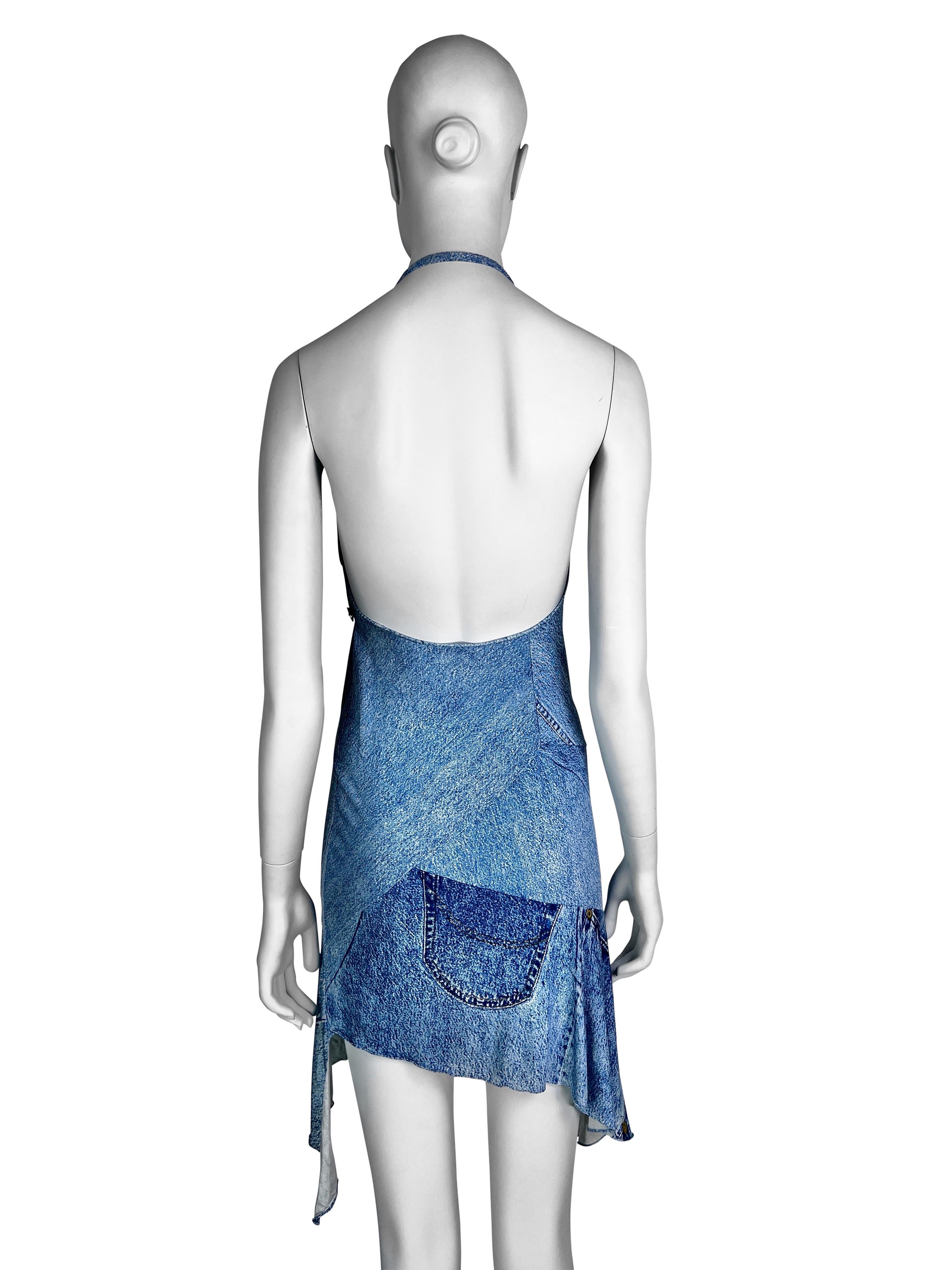 Dior by John Galliano Spring 2000 RTW Denim Trompe L’œil Silk Mini Dress In Good Condition In Prague, CZ