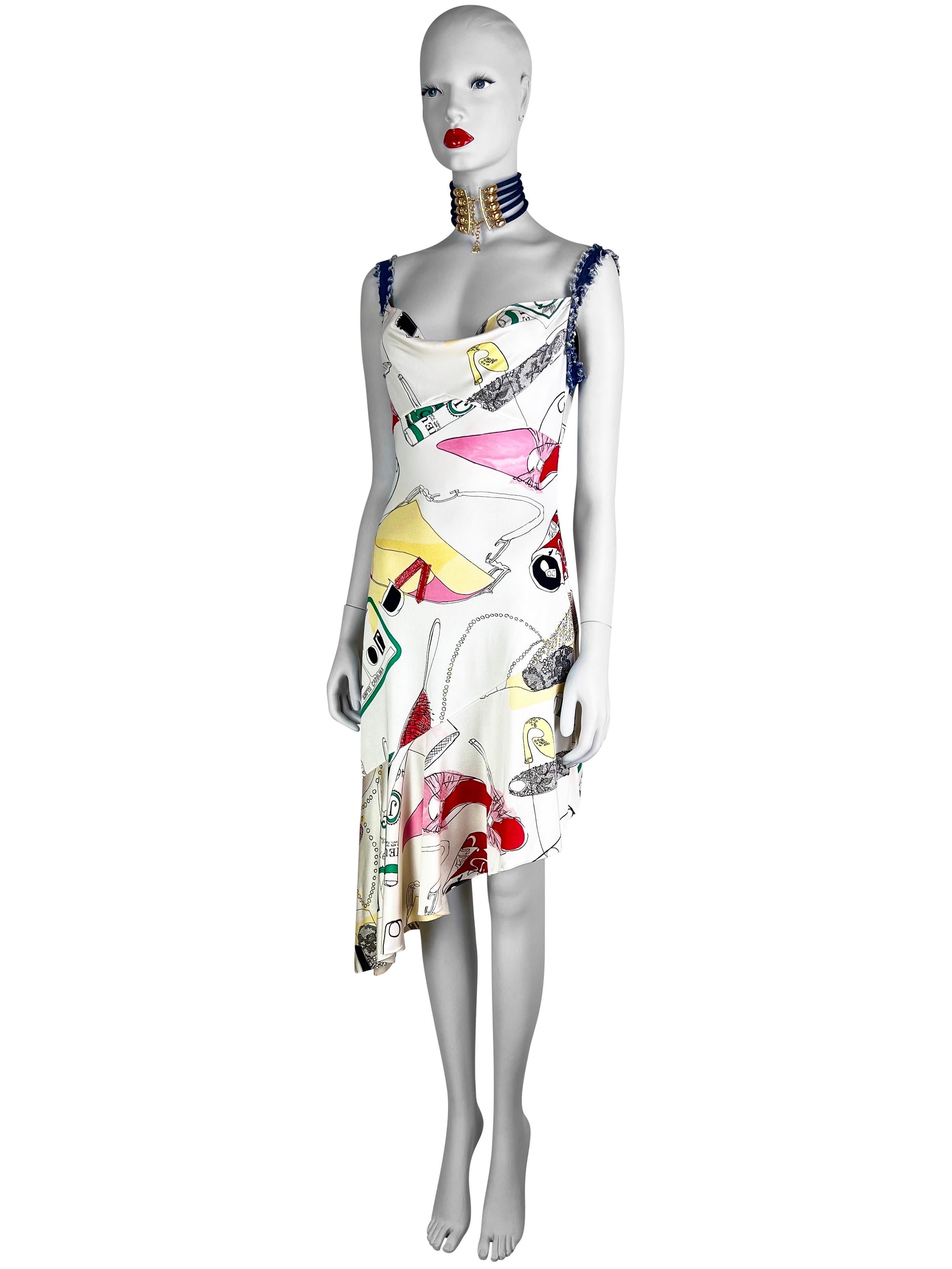 A super fun Dior by John Galliano 100% silk jersey dress with distressed denim straps and the brightest doodle print, featuring Dior logo, a saddle bag and season number 2001, for true fans of the 2000s Dior nostalgia. Super flattering bias cut!