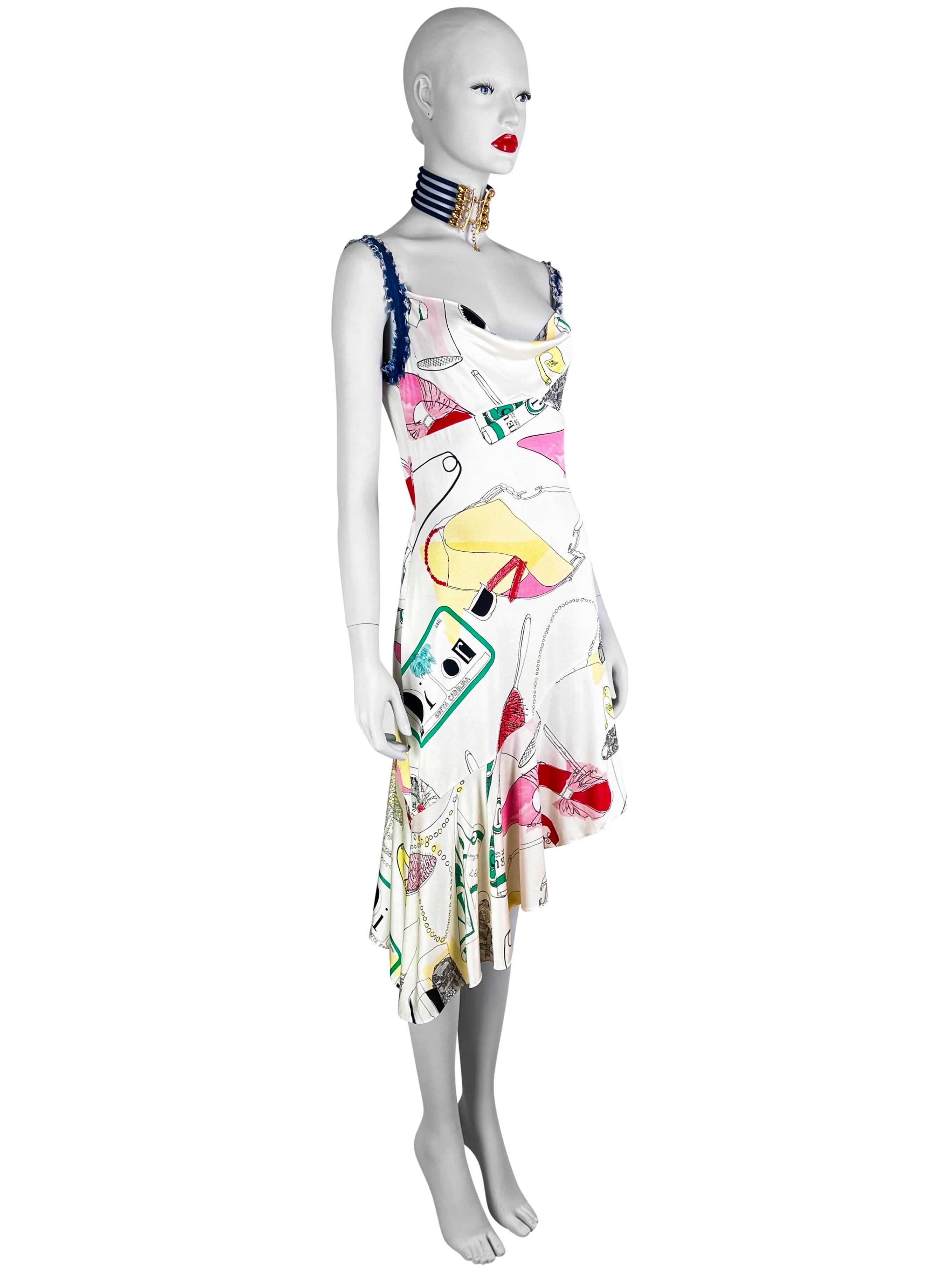Dior by John Galliano Spring 2001 Doodle Print Silk Asymmetrical Dress In Good Condition For Sale In Prague, CZ