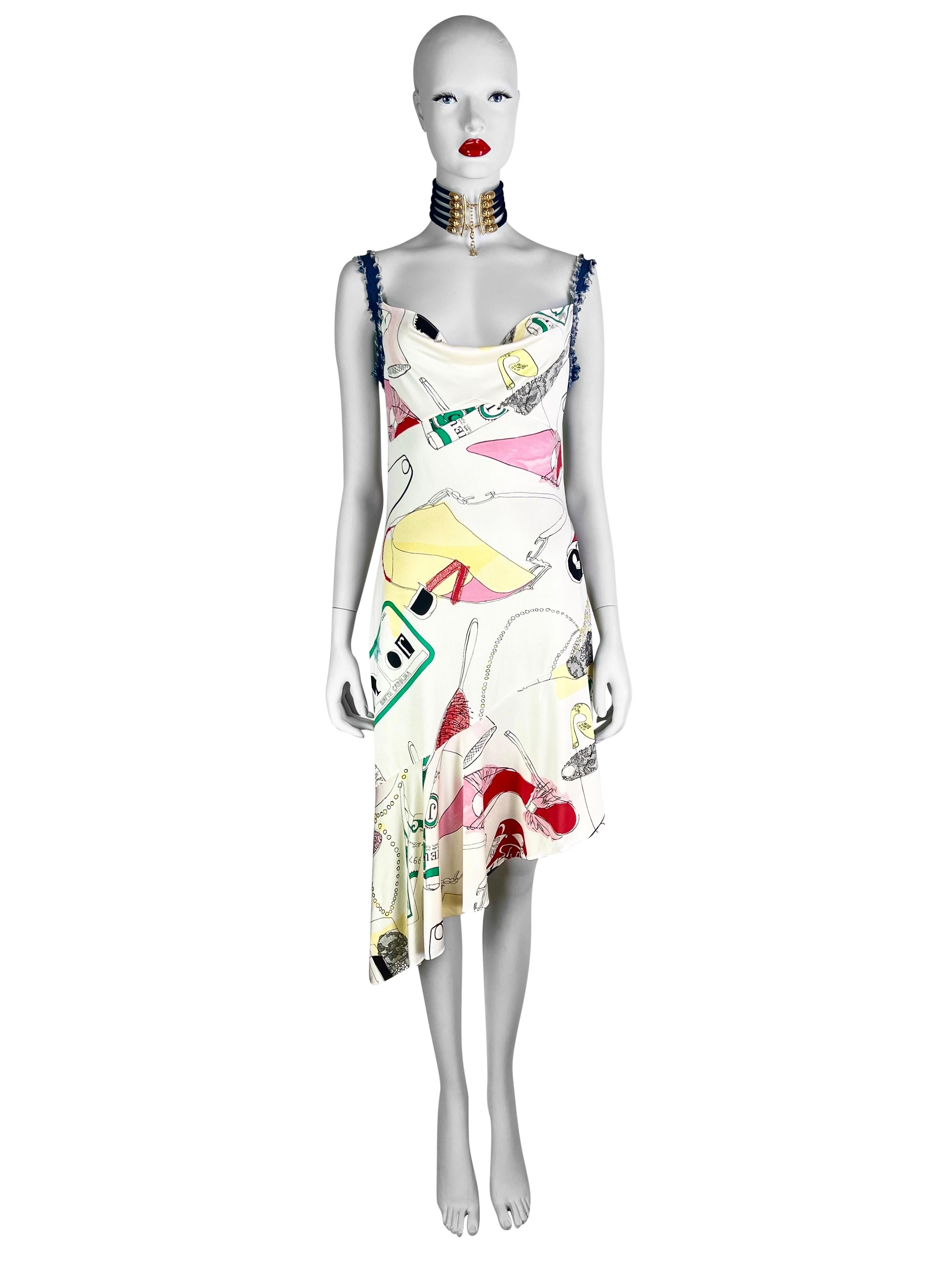 Women's Dior by John Galliano Spring 2001 Doodle Print Silk Asymmetrical Dress For Sale