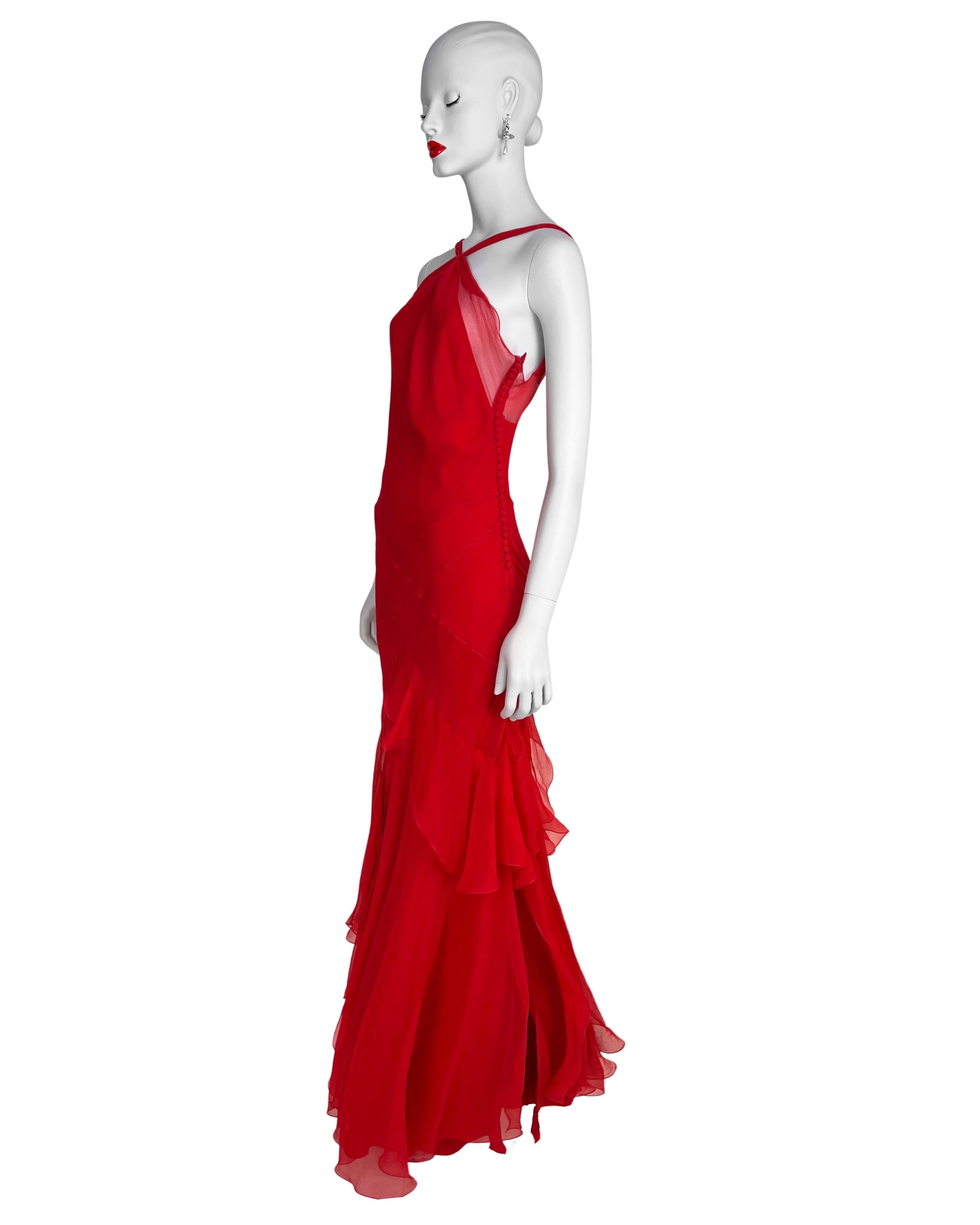 Dior by John Galliano Spring 2004 Red Bias Cut Silk Chiffon Dress In Excellent Condition In Prague, CZ