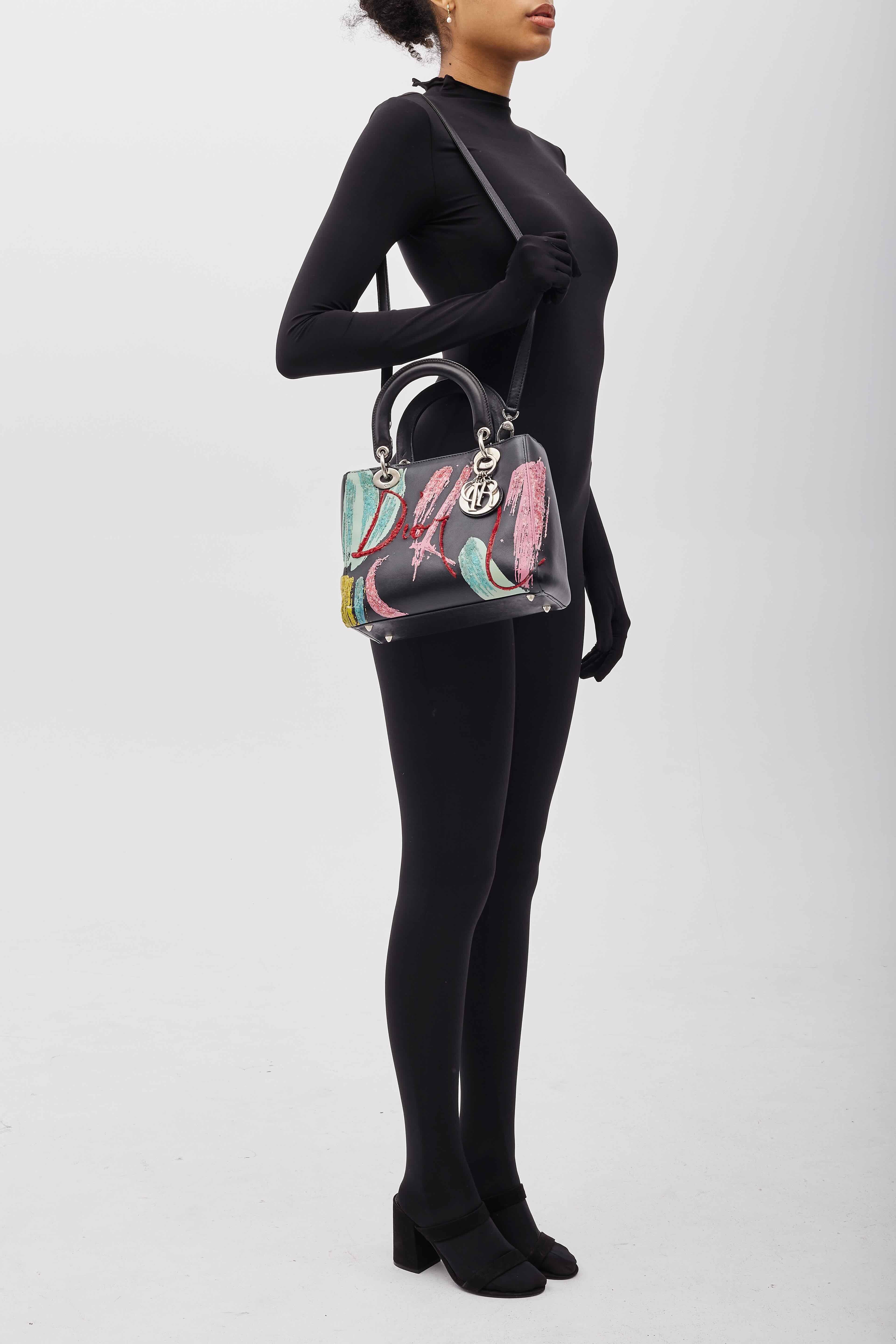 Dior Calfskin Black Sequin Art Medium Lady Dior Handbag For Sale 6