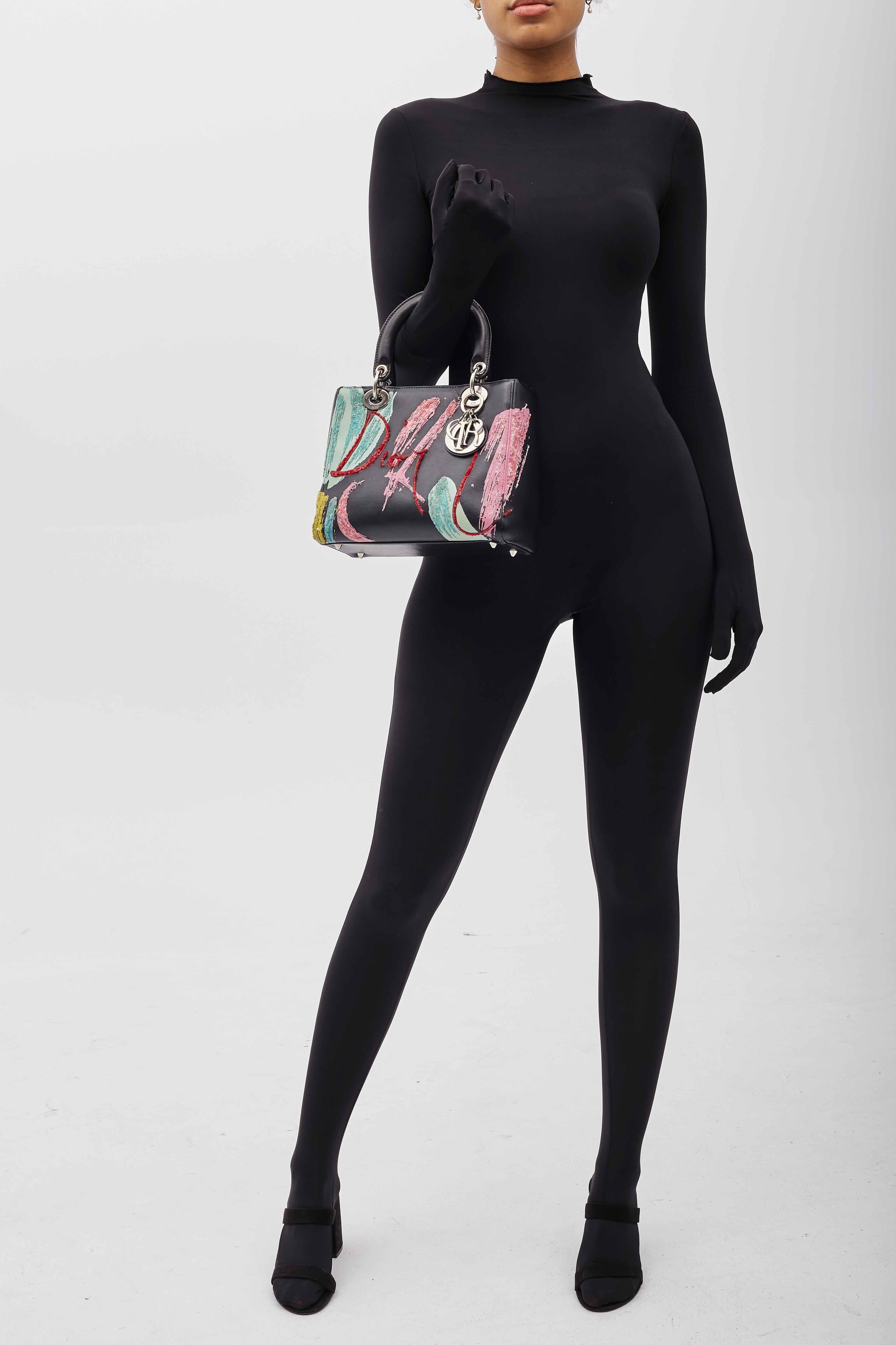 Dior Calfskin Black Sequin Art Medium Lady Dior Handbag For Sale 7