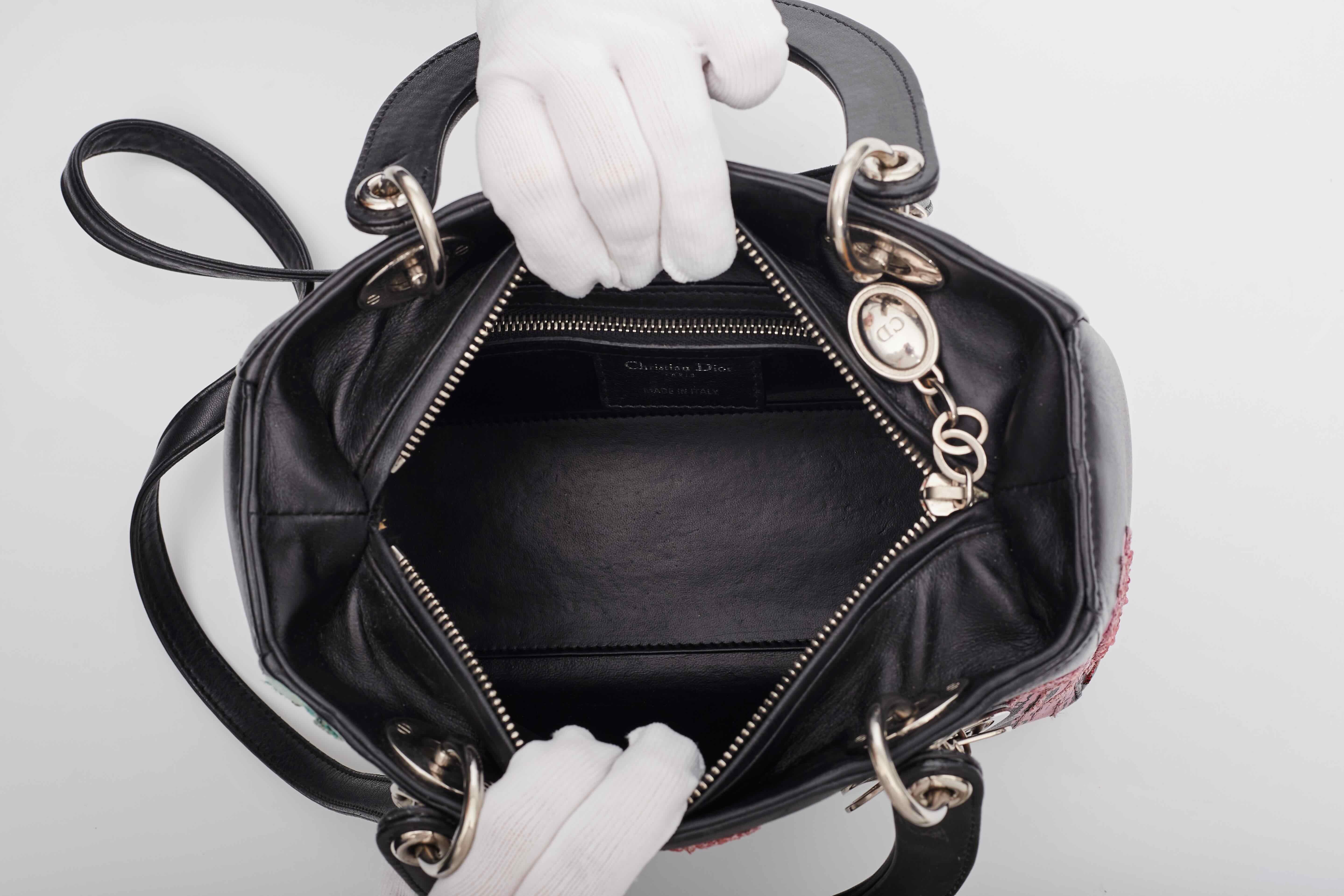 Dior Calfskin Black Sequin Art Medium Lady Dior Handbag For Sale 3
