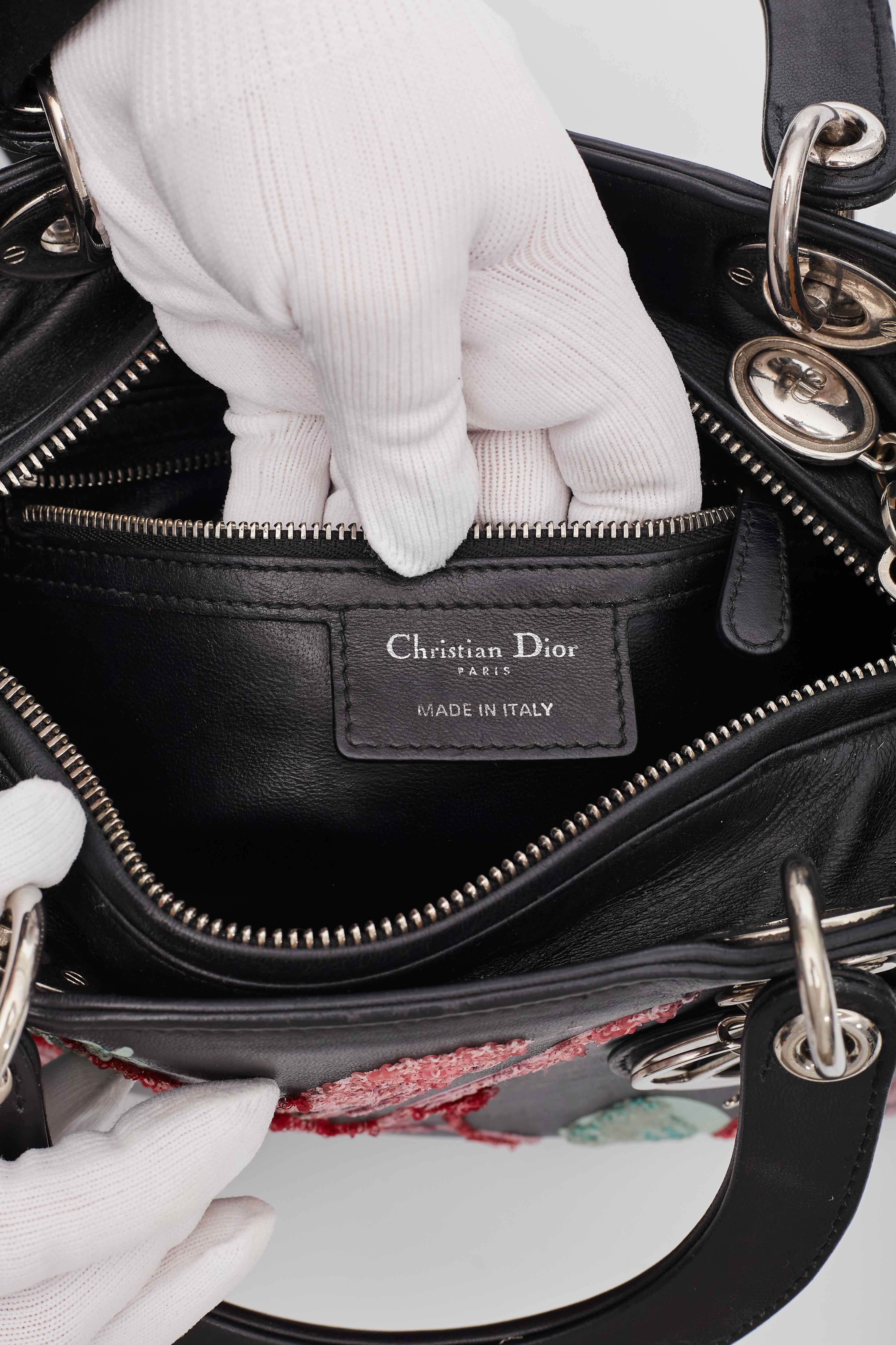 Dior Calfskin Black Sequin Art Medium Lady Dior Handbag For Sale 4