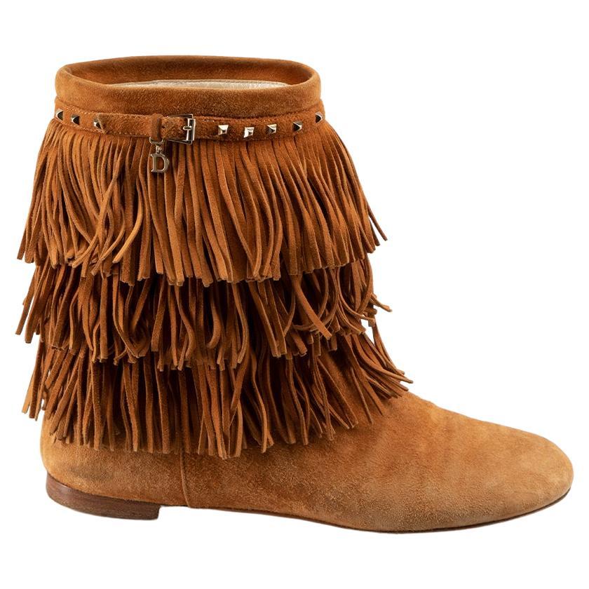 Dior Camel Studded Fringed Cowboy Boots Size IT 37.5 For Sale