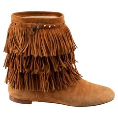 Used Dior Camel Studded Fringed Cowboy Boots Size IT 37.5