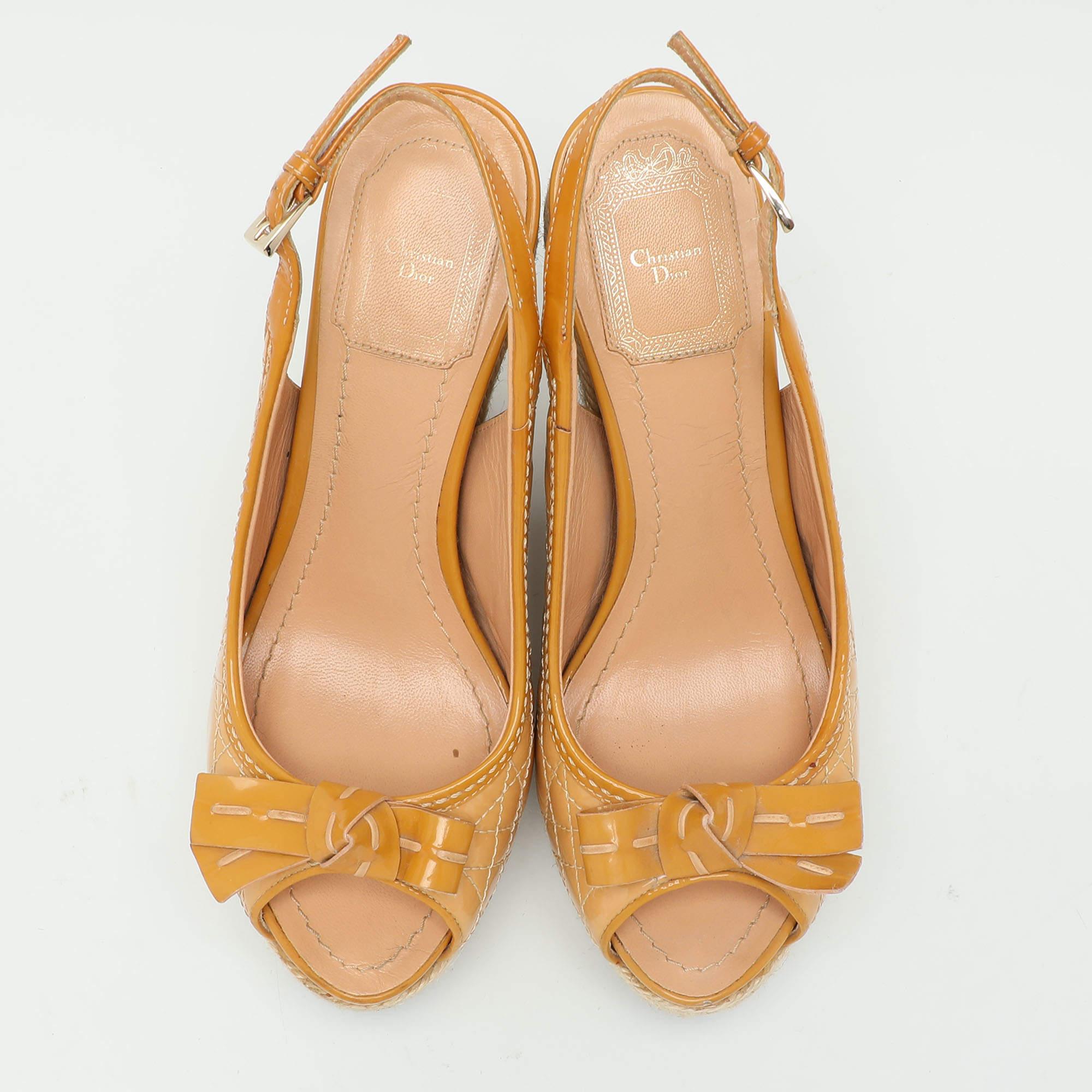 Beige Dior Cannage Patent Leather Bow Wedge Espadrille Platform Sandals Size 37.5