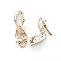 Dior CD Charm Bow Floral Print Canvas Slingback High Heel Peep Toe Sandals 38