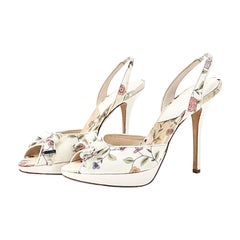 Dior CD Charm Bow Floral Print Canvas Slingback High Heel Peep Toe Sandals 38