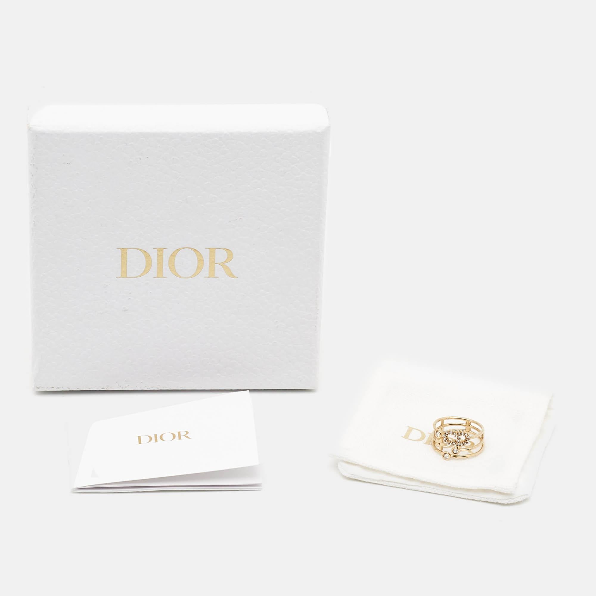 Women's Dior CD Crystals Gold Tone Metal Ring Size 54 For Sale