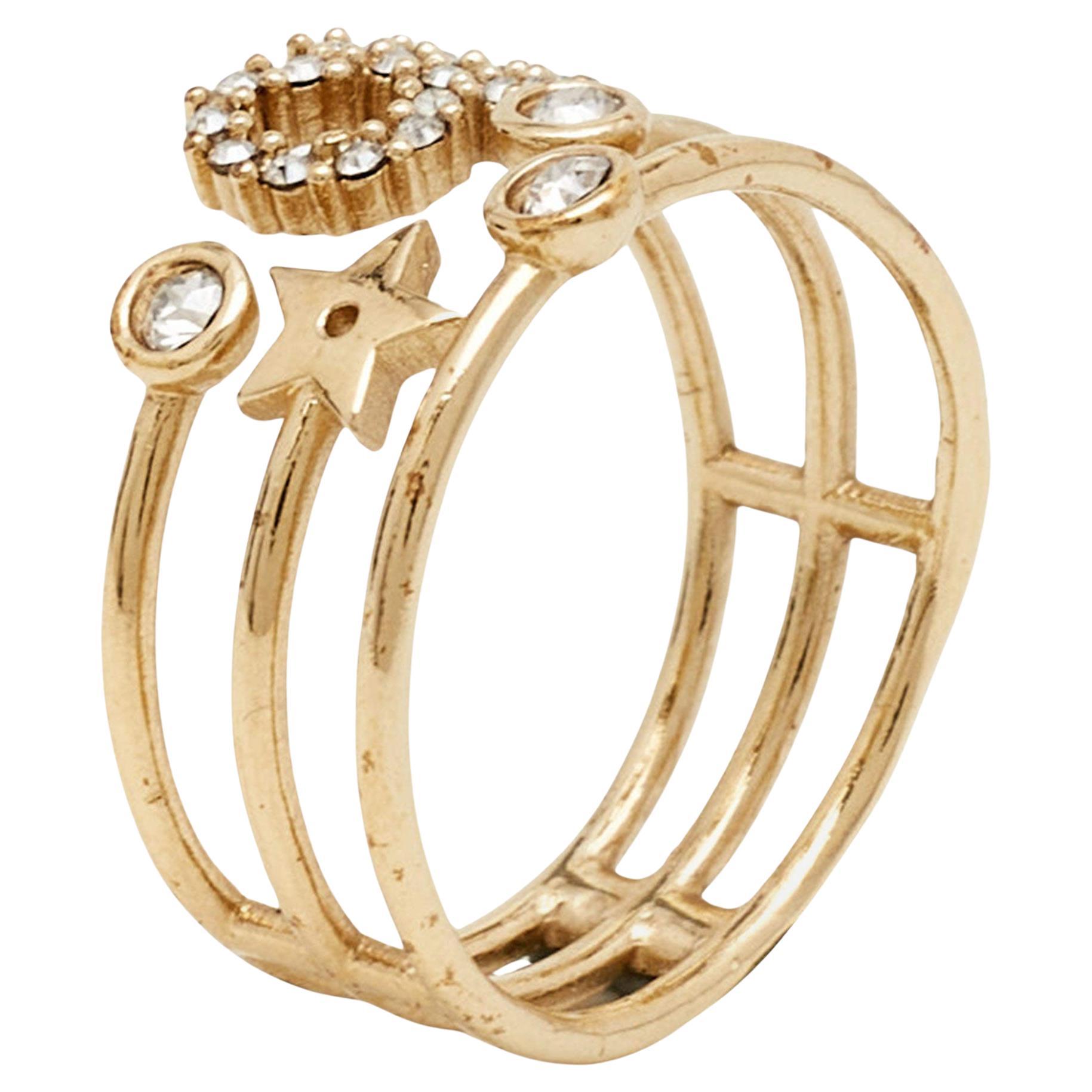 Dior CD Crystals Gold Tone Metal Ring Size 54 For Sale