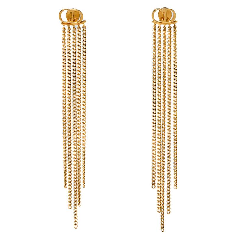 Dior CD Gold Tone Chain Tassel Earrings