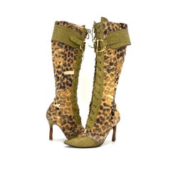 Dior CD Logo Fall 2000 Galliano Ostrich Cheetah Print Green Knee High Boots 37.5