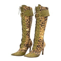 Dior CD Logo Fall 2000 Galliano Ostrich Cheetah Print Green Knee High Boots 37.5