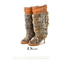 Dior CD Logo John Galliano Retro Vintage Rabbit Fur Knee High Pull On Boots 40