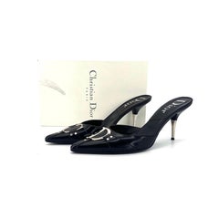 Dior CD Logo Retro Vintage Galliano Black Leather Pointed Toe Mules Sandals 40