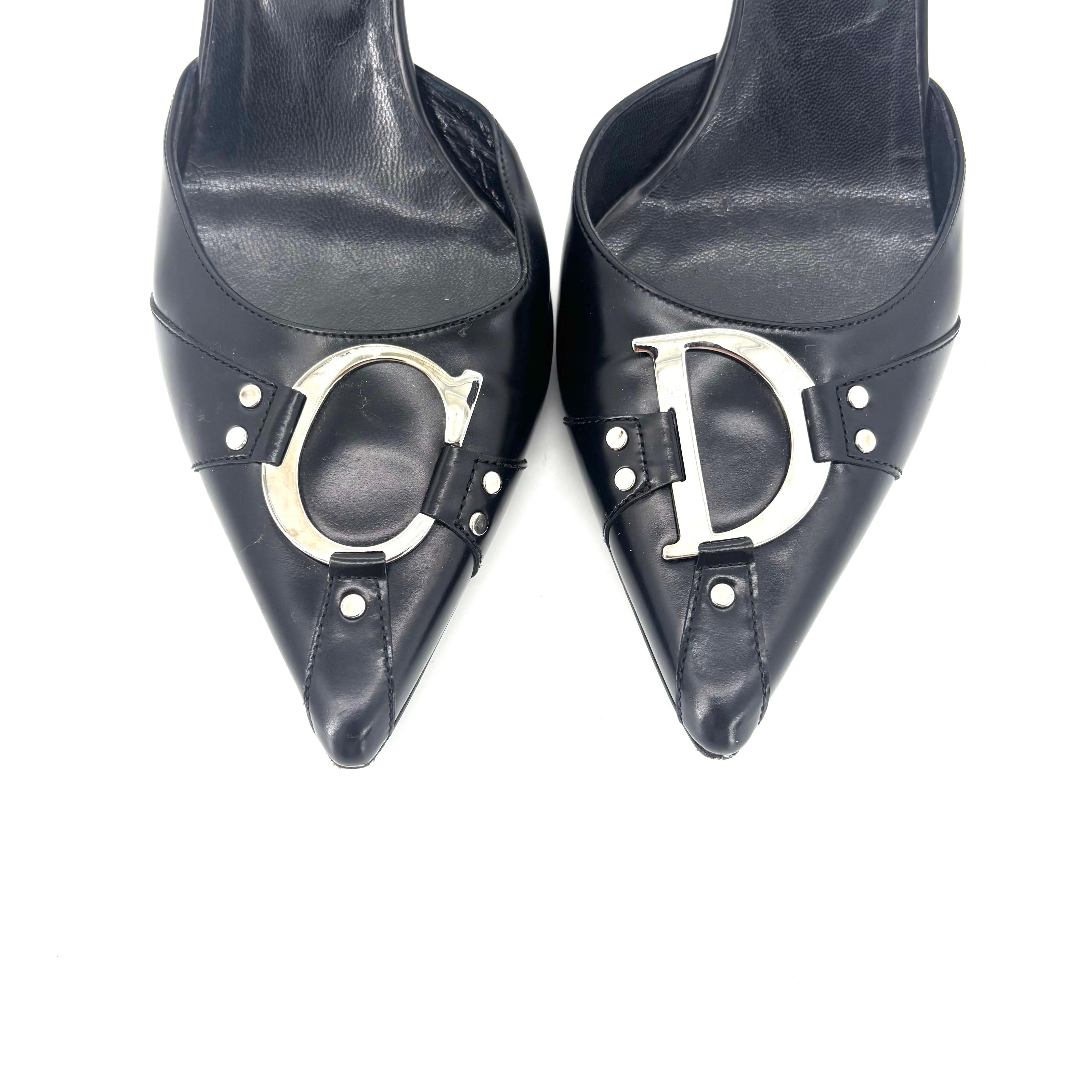 ジョンガリアーノ　ミュール Dior CD Logo Retro Vintage Galliano Black Leather Pointed Toe