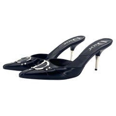 Dior CD Logo Retro Vintage Galliano Black Leather Pointed Toe Mules Sandals 40