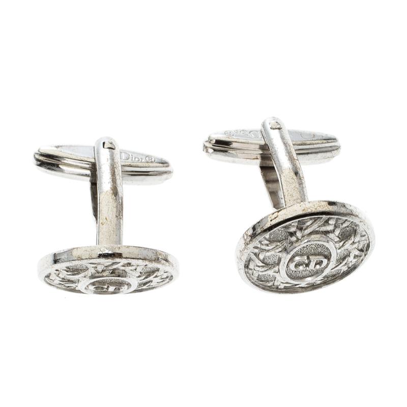 Contemporary Dior CD Textured Silver Tone Round Cufflinks