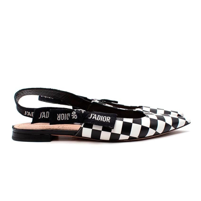  Dior Checkerboard J'Adior Slingback Leather Flat Shoes
 

 - Point toe slingback flat slippers with a bold checkerboard print all over
 - J'adior slogan ribbon back
 - Leather lined, leather sole 
 

 Materials 
 100% Leather 
 100% Textile fibre
