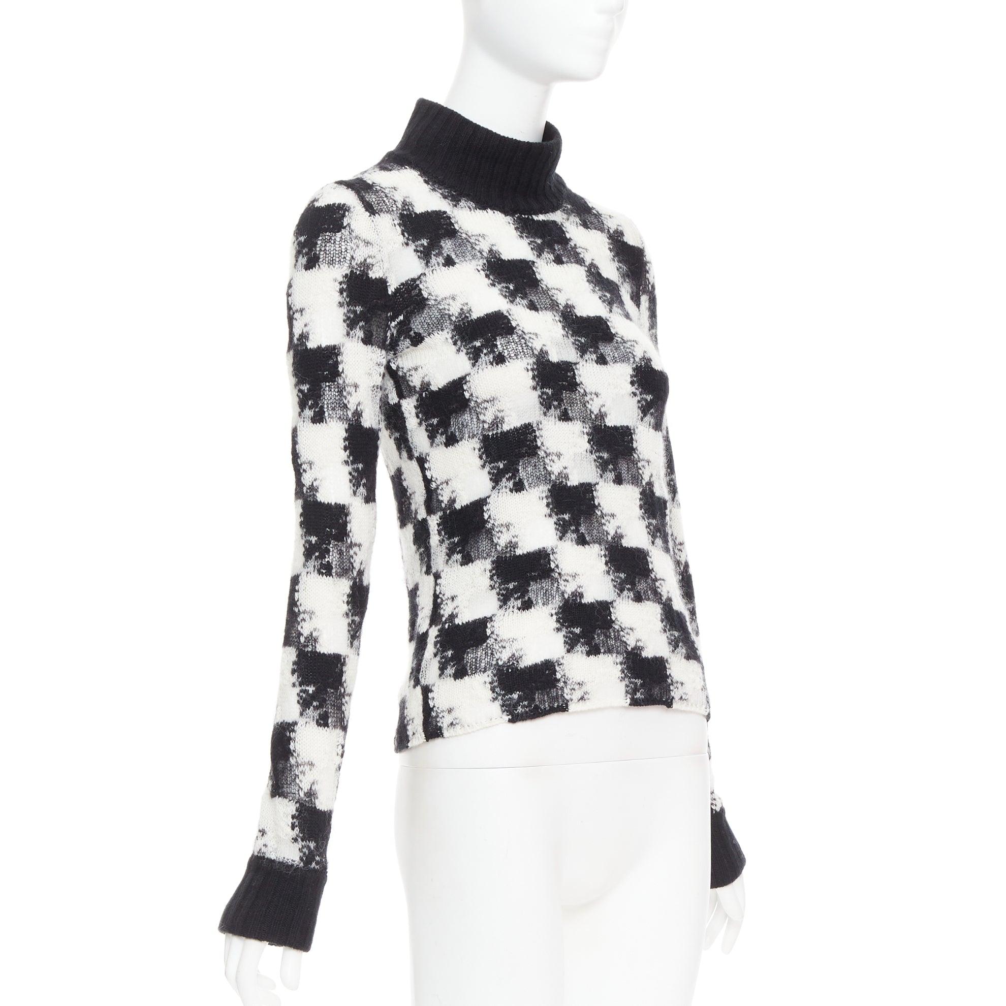 Gray DIOR ChecknDior black white cashmere check sheer turtleneck sweater FR34 XS For Sale