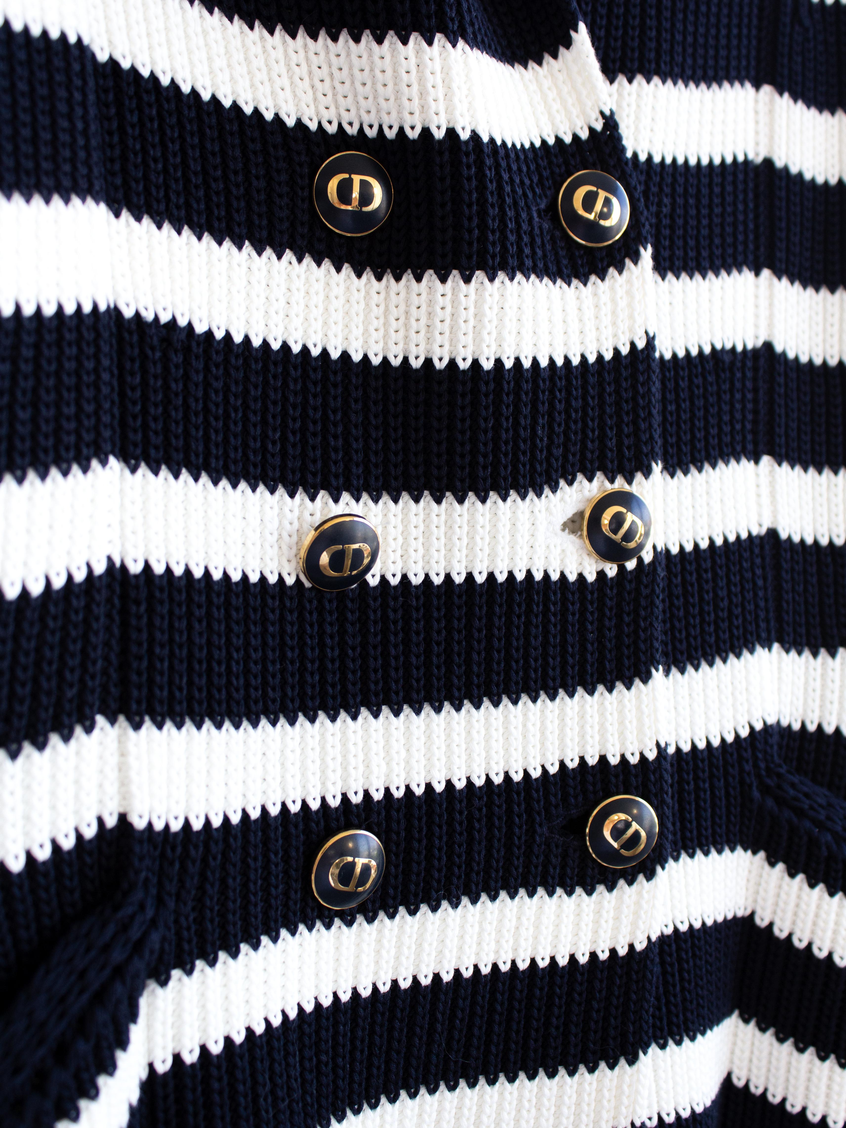 Women's Dior Chez Moi 2021 Capsule Navy Blue White Striped Cotton Knit Bar Jacket