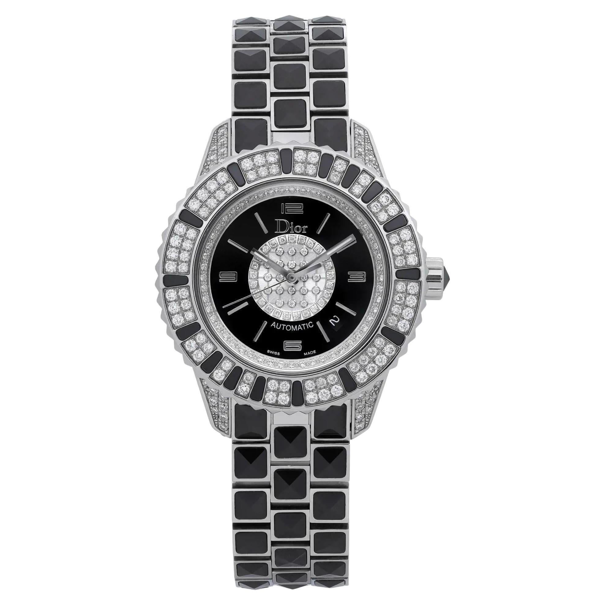 Dior Christal Steel Ceramic Diamond Black Dial Automatic Watch CD113513M001 For Sale